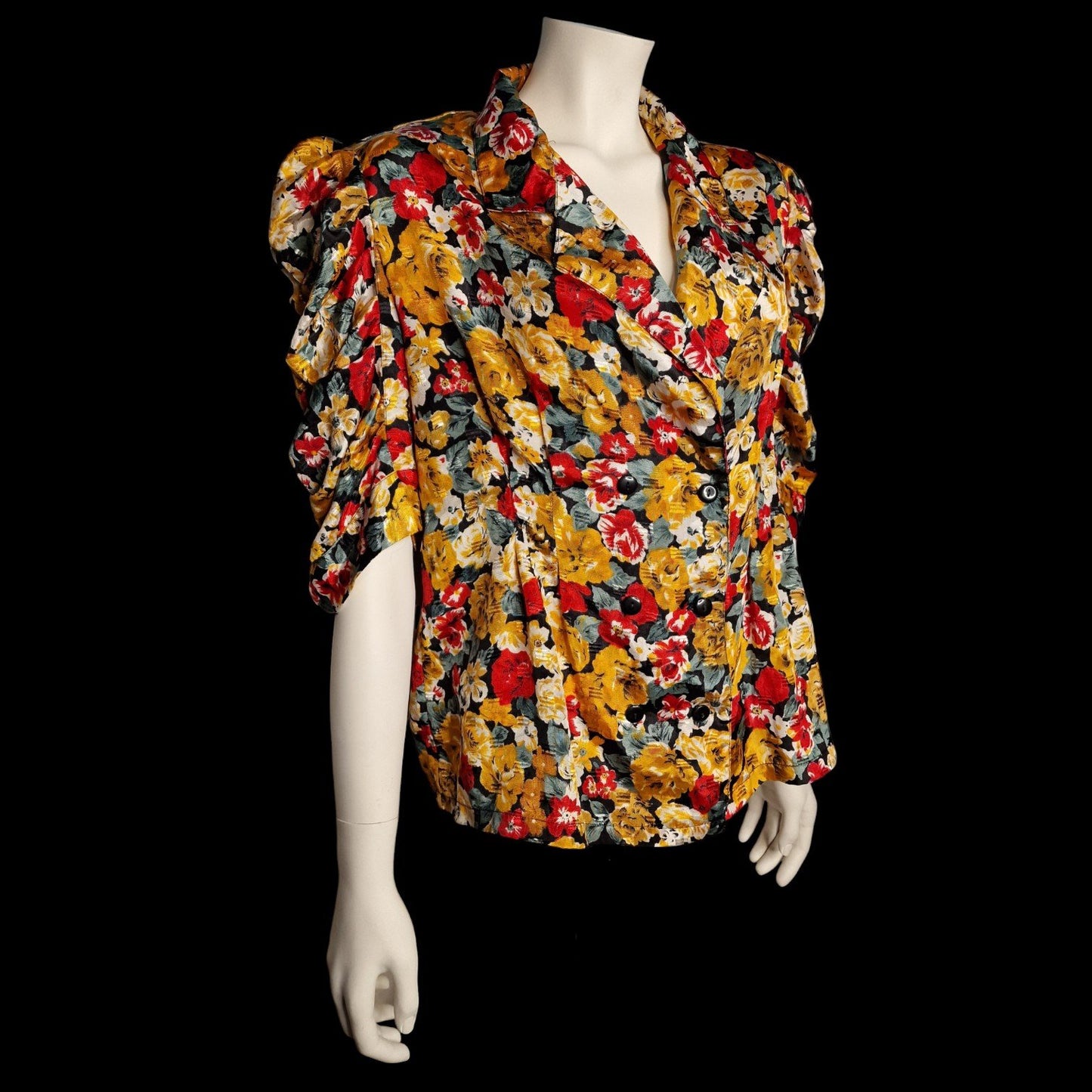 Italienische Vintage Bluse mit Blumenmuster in Gelb und Rot Puffärmel L