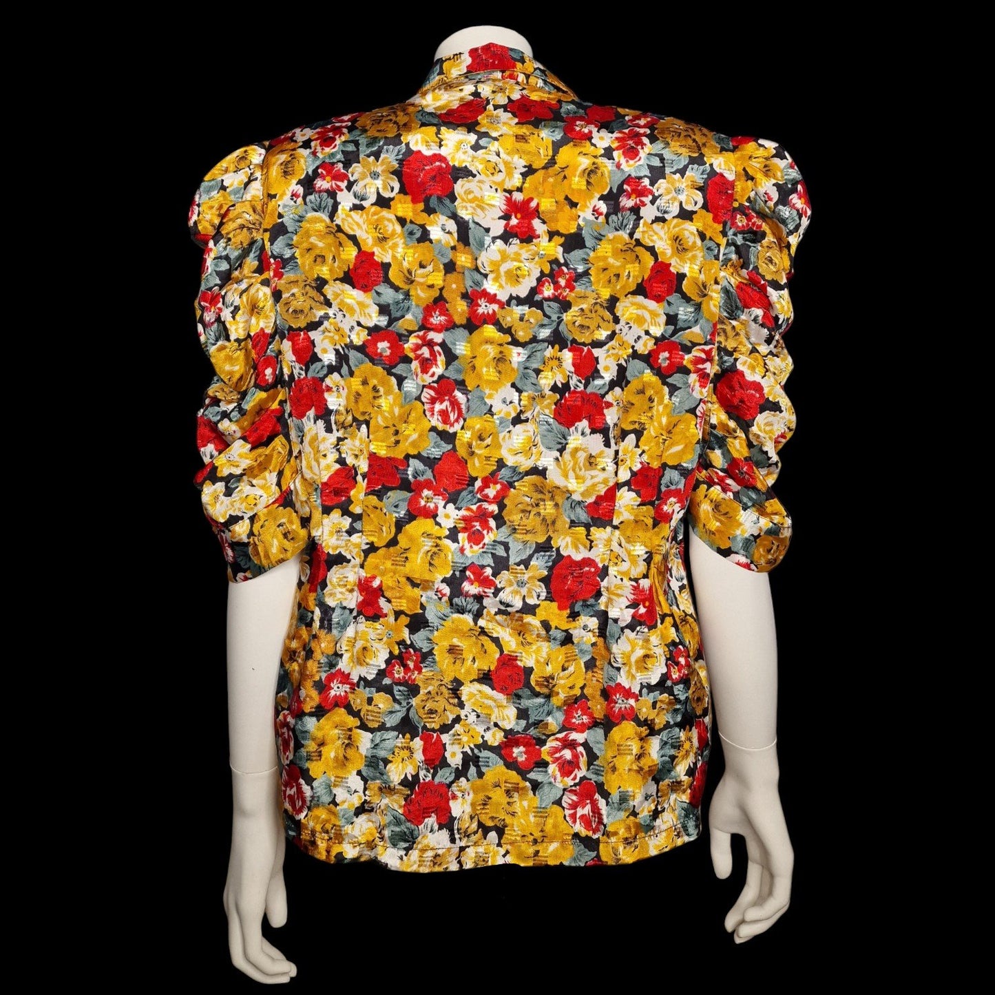 Italienische Vintage Bluse mit Blumenmuster in Gelb und Rot Puffärmel L