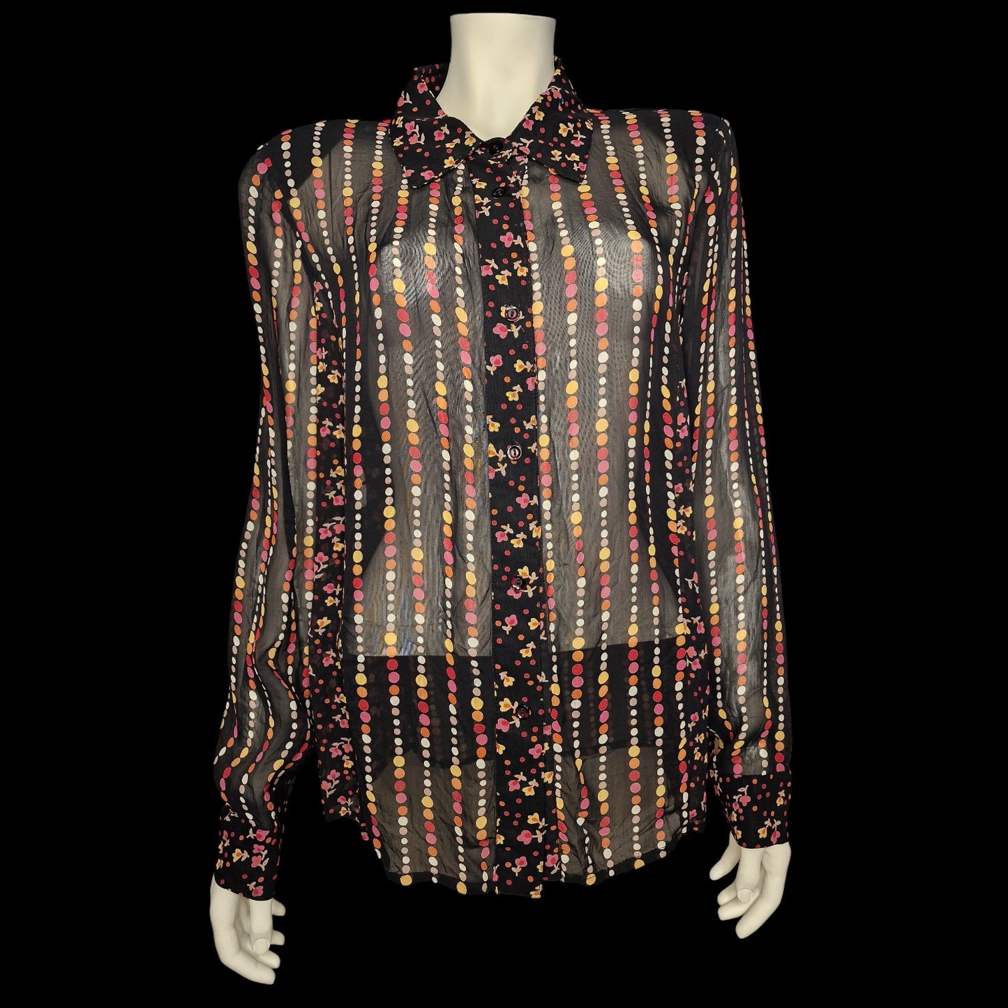 90er Chiffon Hemdbluse von Rimavia Gr. L schwarz-bordeaux transparent