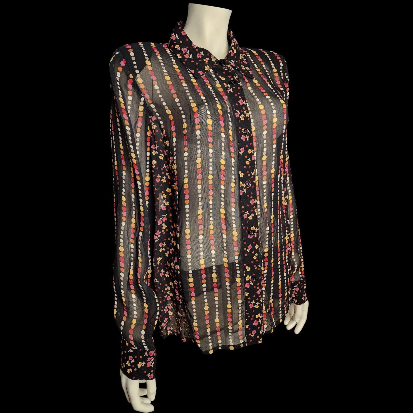 90er Chiffon Hemdbluse von Rimavia Gr. L schwarz-bordeaux transparent