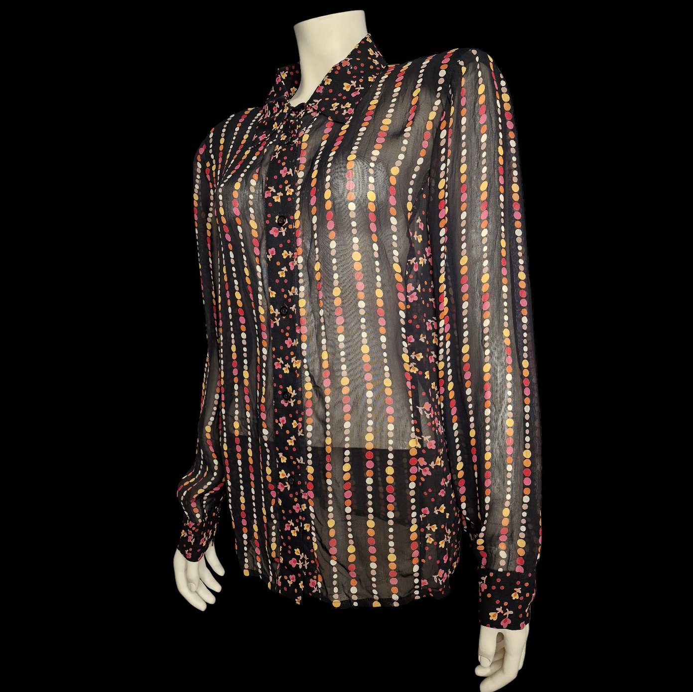 90er Chiffon Hemdbluse von Rimavia Gr. L schwarz-bordeaux transparent