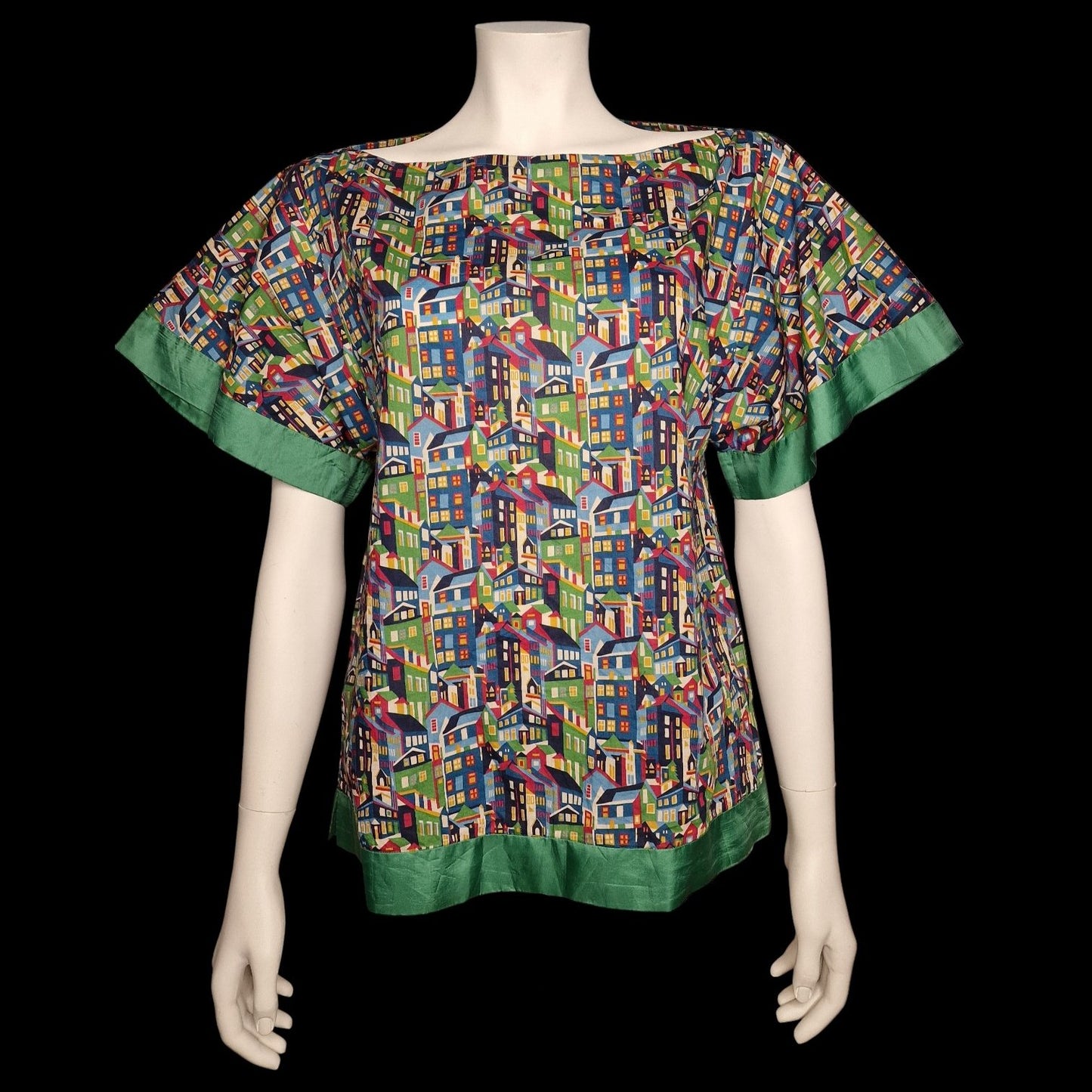 Vintage-Bluse mit buntem „Urban Art“ Häuser-Print M