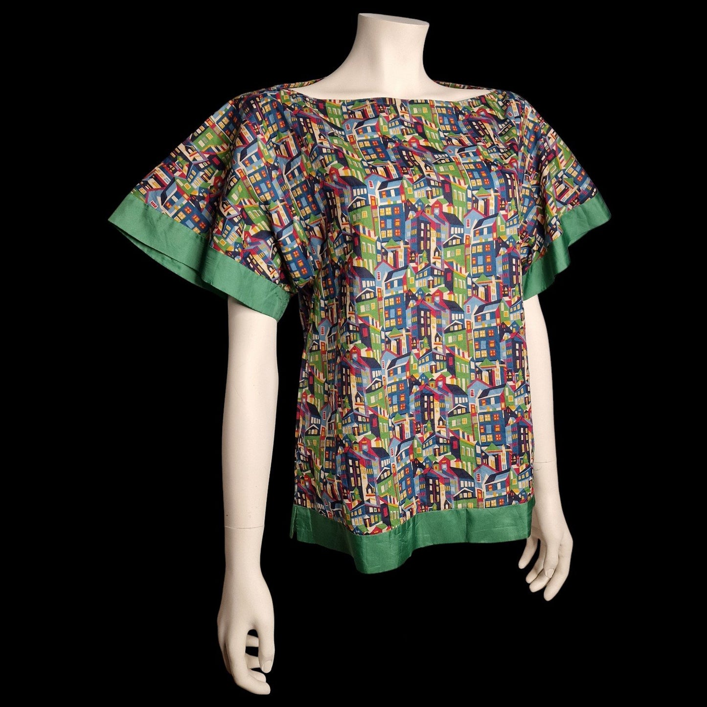 Vintage-Bluse mit buntem „Urban Art“ Häuser-Print M