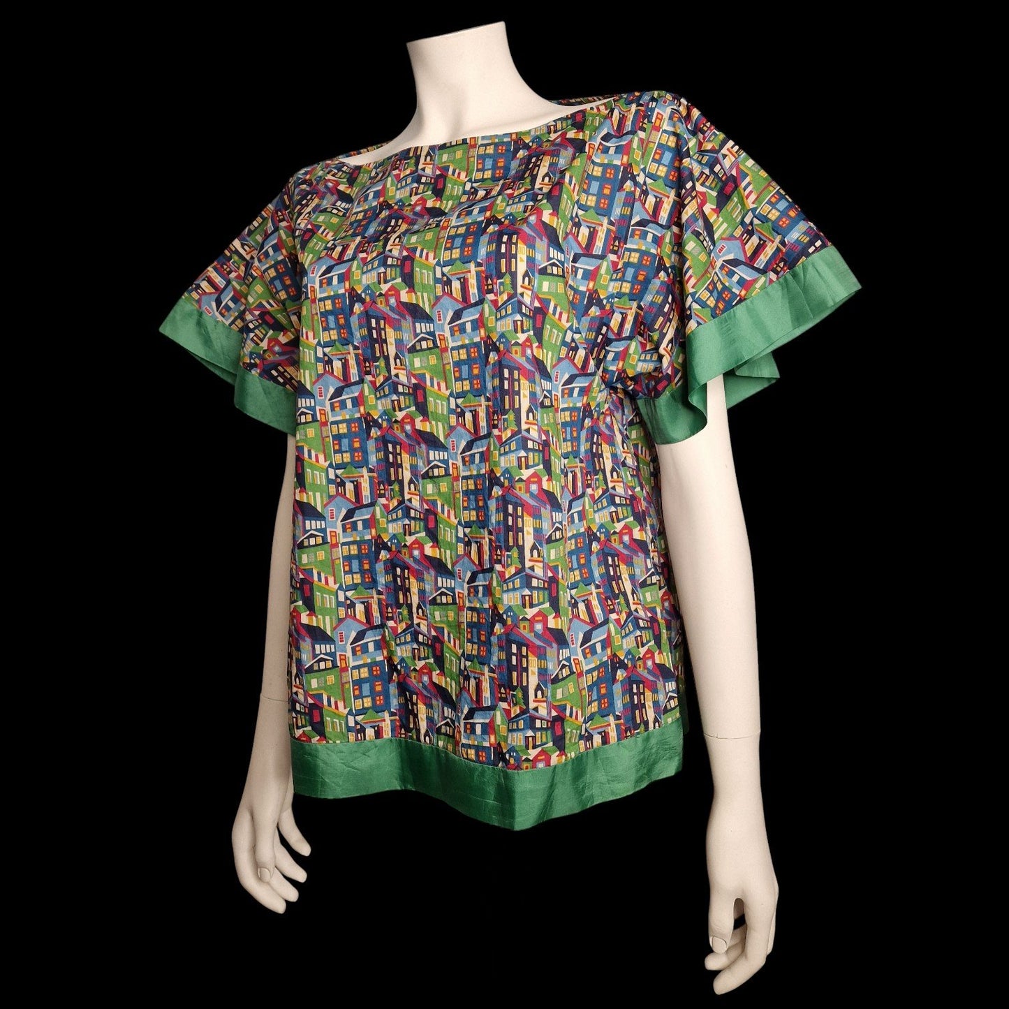 Vintage-Bluse mit buntem „Urban Art“ Häuser-Print M