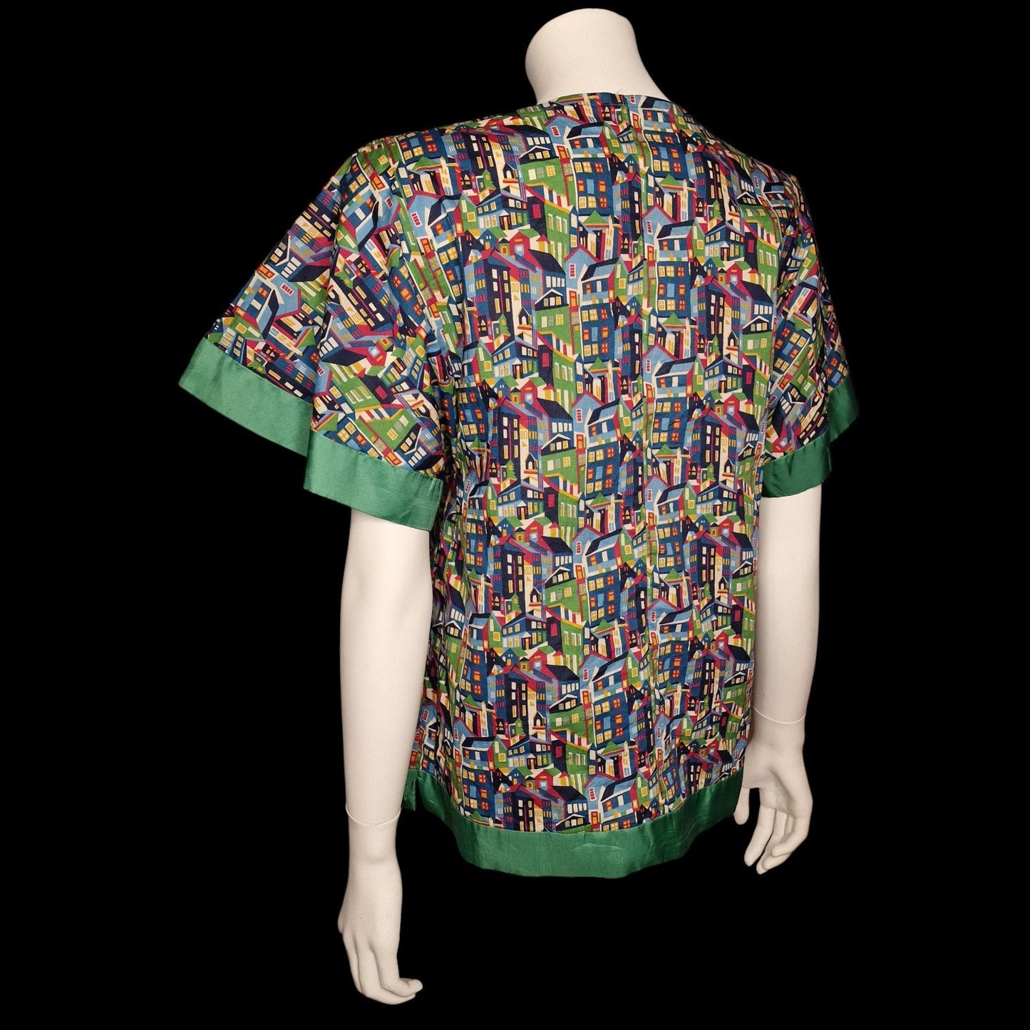 Vintage-Bluse mit buntem „Urban Art“ Häuser-Print M