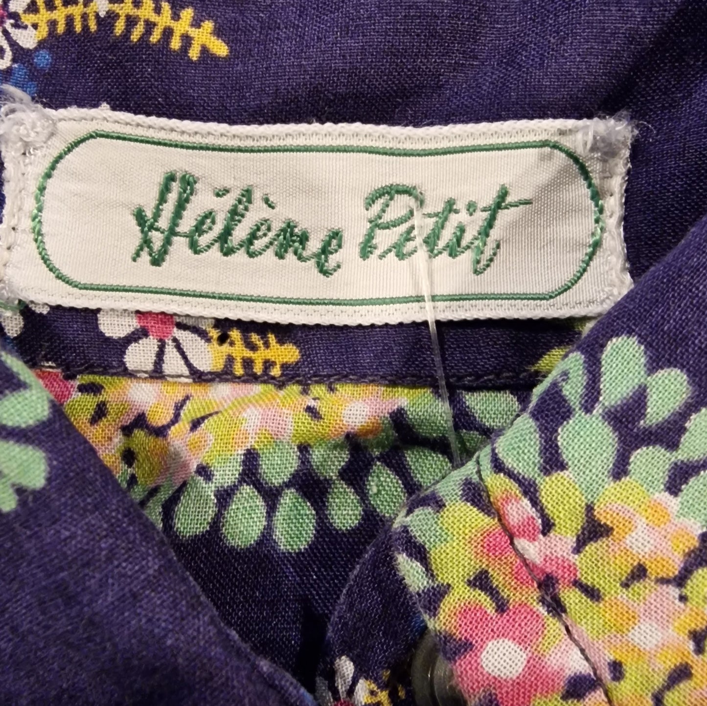 70er Bluse Baumwolle - Hélène Petit - in blau großer Kragen S