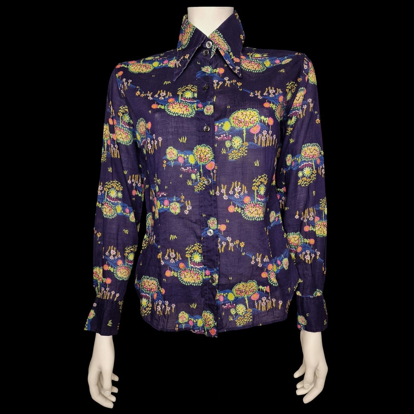 70er Bluse Baumwolle - Hélène Petit - in blau großer Kragen S