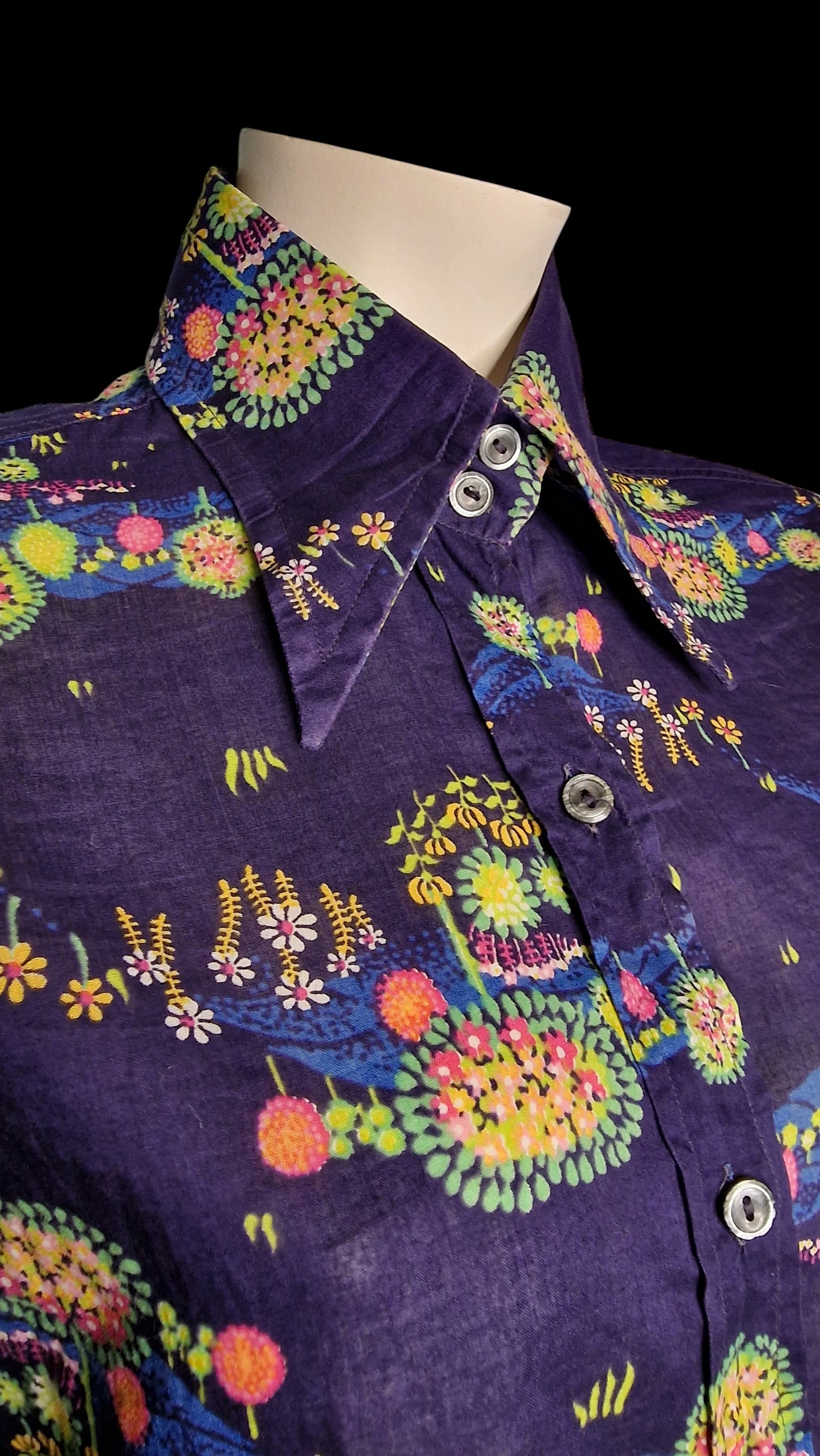 70er Bluse Baumwolle - Hélène Petit - in blau großer Kragen S
