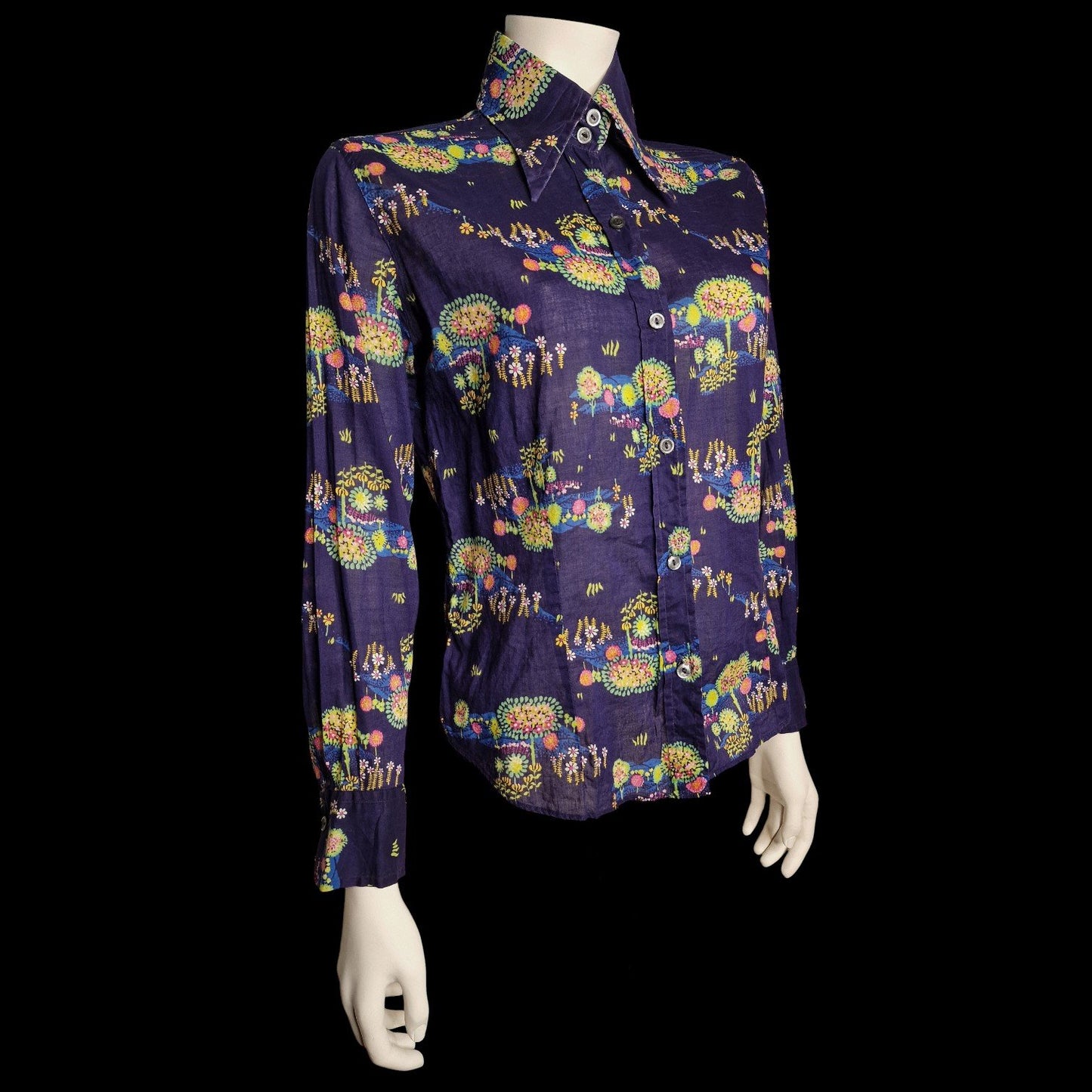 70er Bluse Baumwolle - Hélène Petit - in blau großer Kragen S
