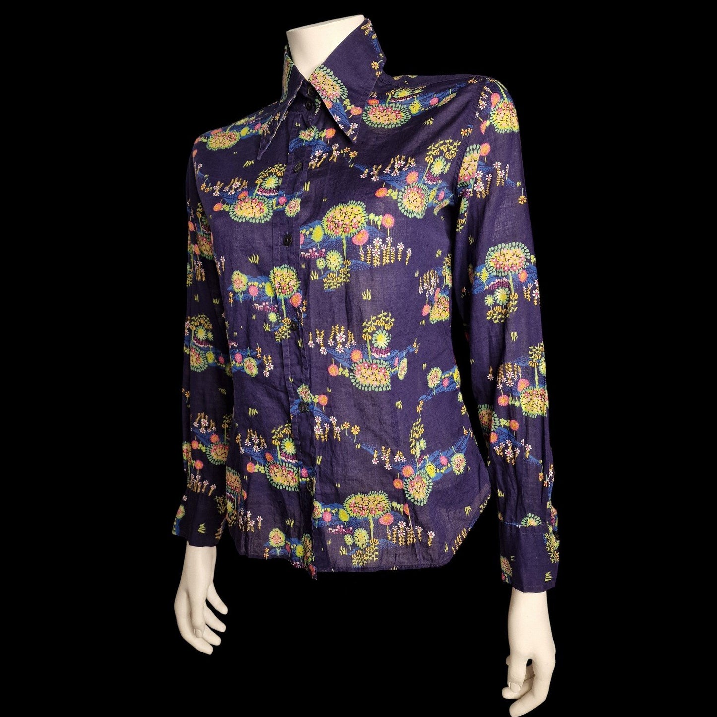70er Bluse Baumwolle - Hélène Petit - in blau großer Kragen S