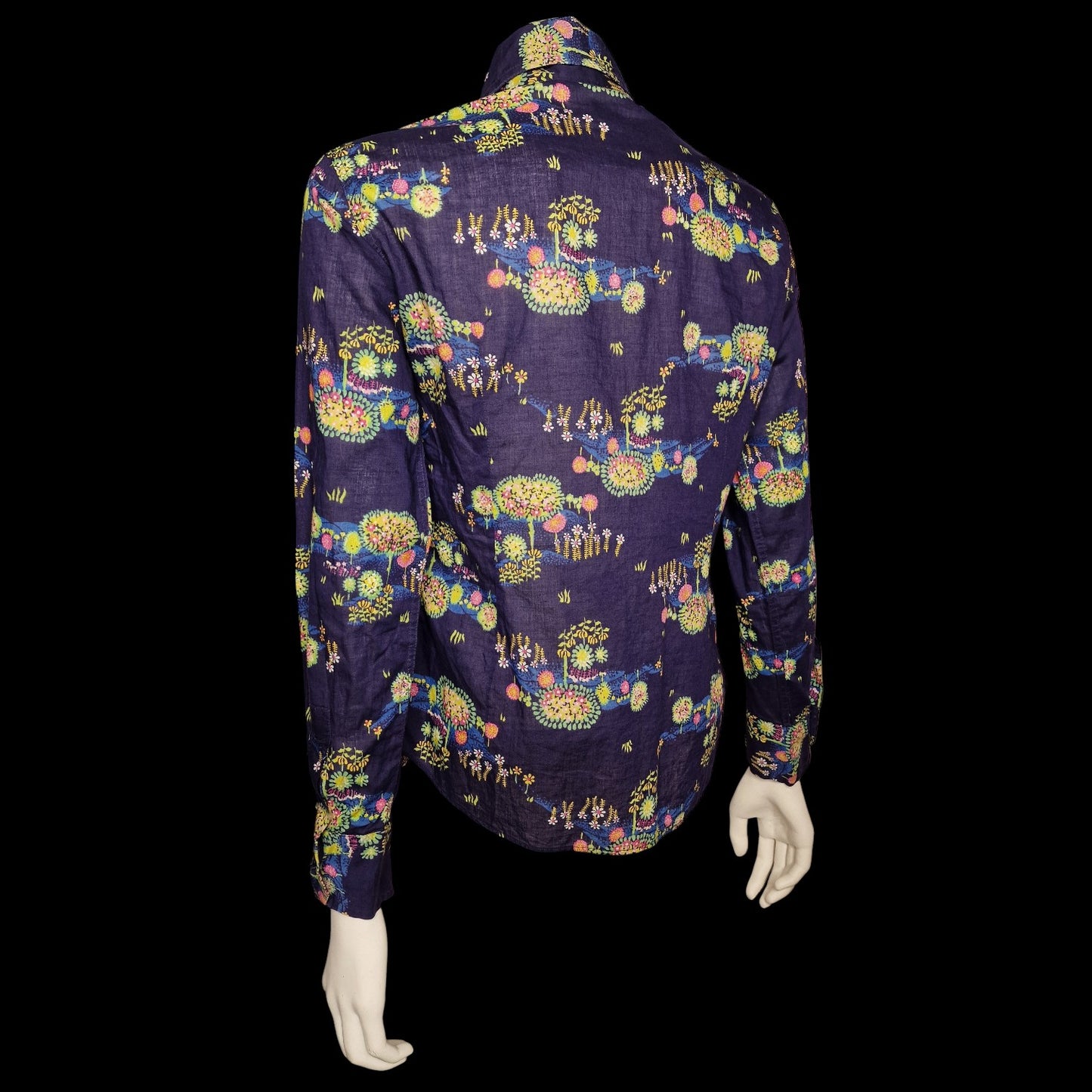 70er Bluse Baumwolle - Hélène Petit - in blau großer Kragen S
