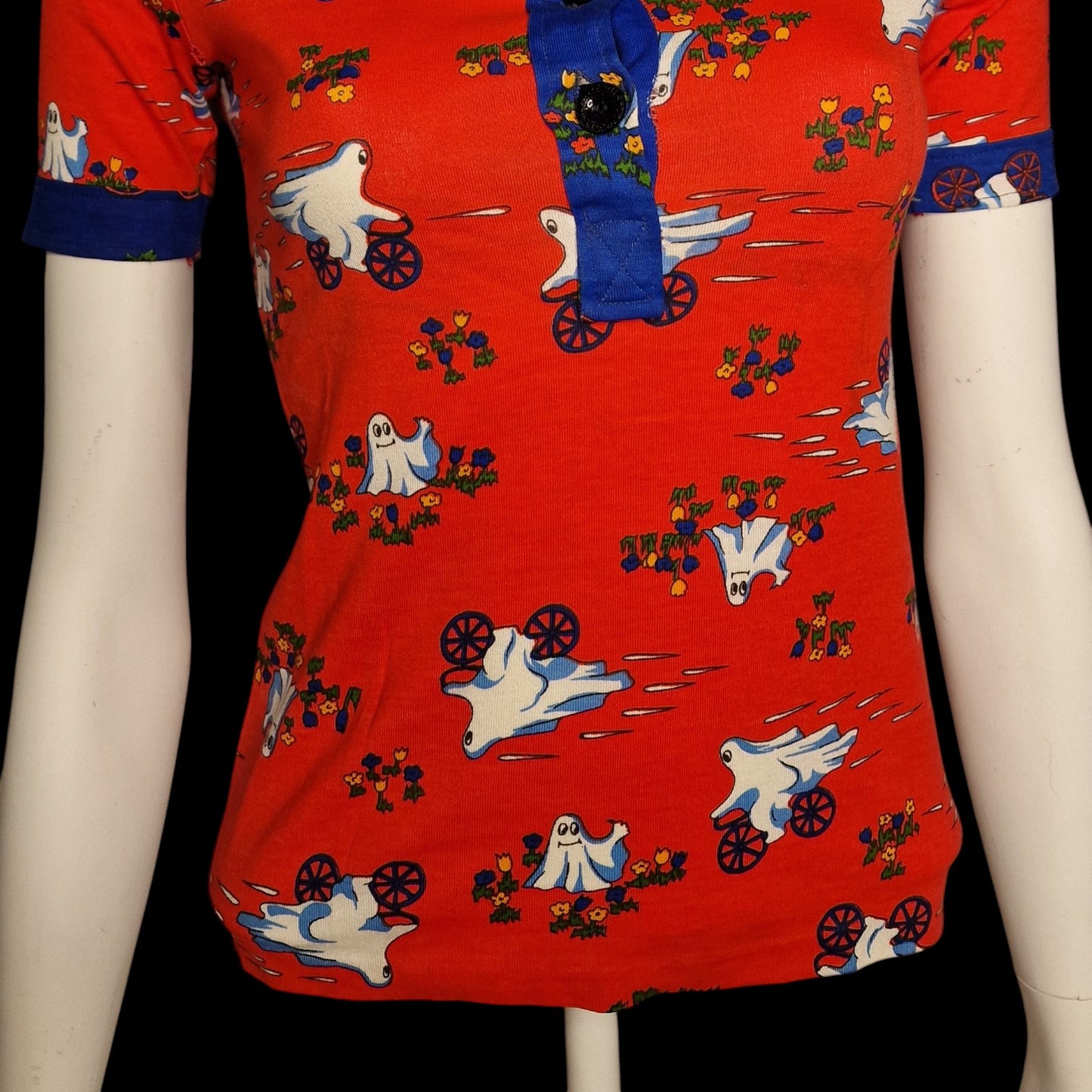 Vintage Damen Poloshirt Rot mit Gespenster-Motiv XS 70er