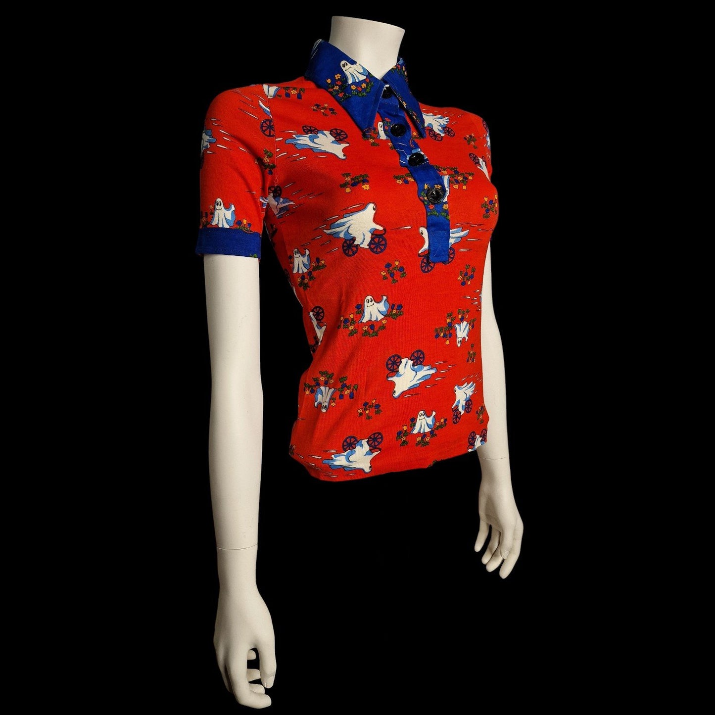 Vintage Damen Poloshirt Rot mit Gespenster-Motiv XS 70er