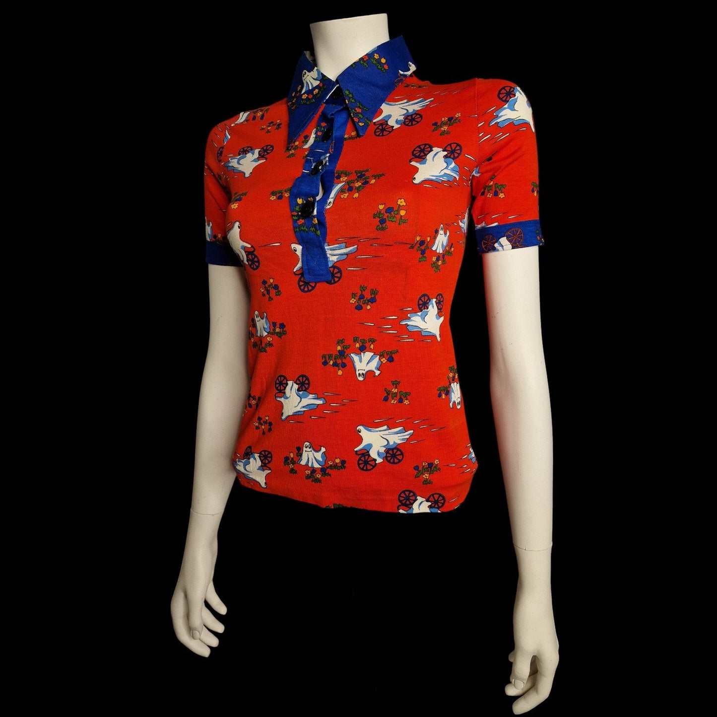 Vintage Damen Poloshirt Rot mit Gespenster-Motiv XS 70er