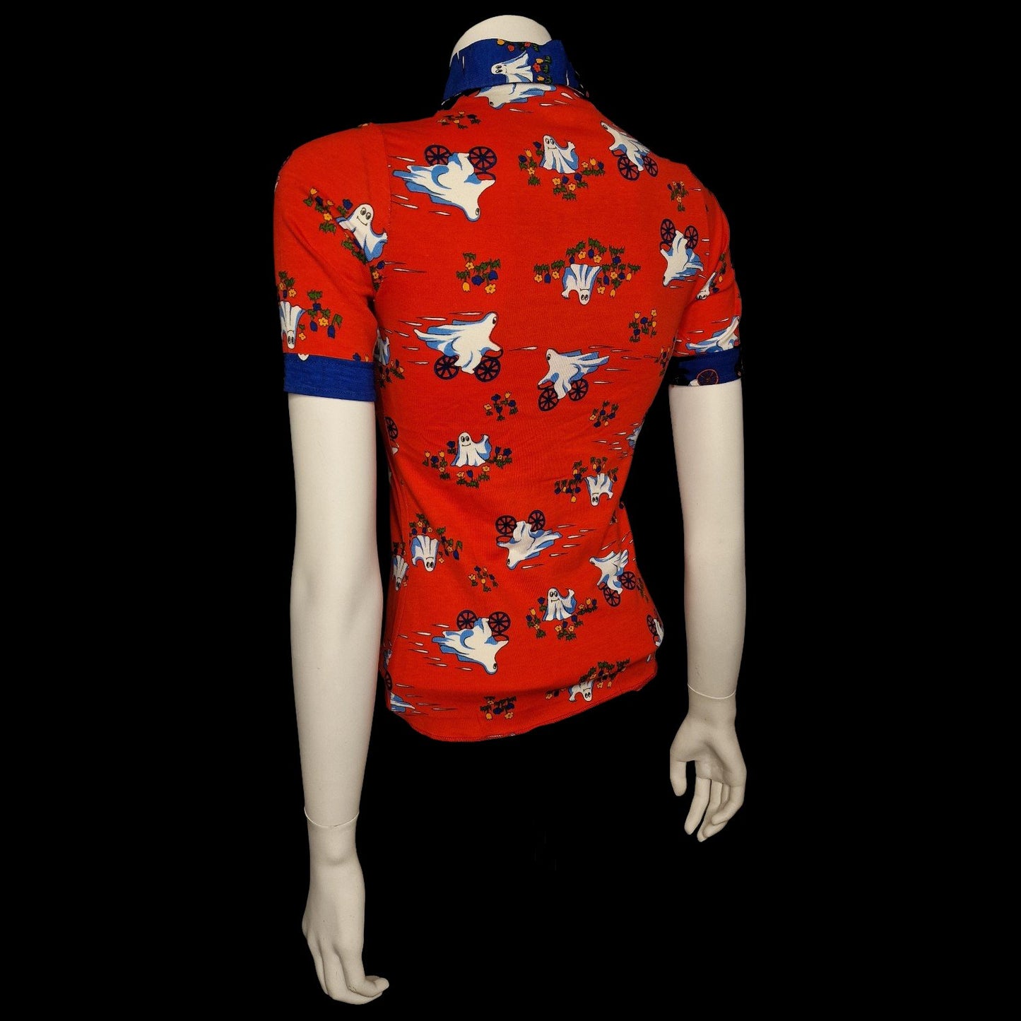 Vintage Damen Poloshirt Rot mit Gespenster-Motiv XS 70er
