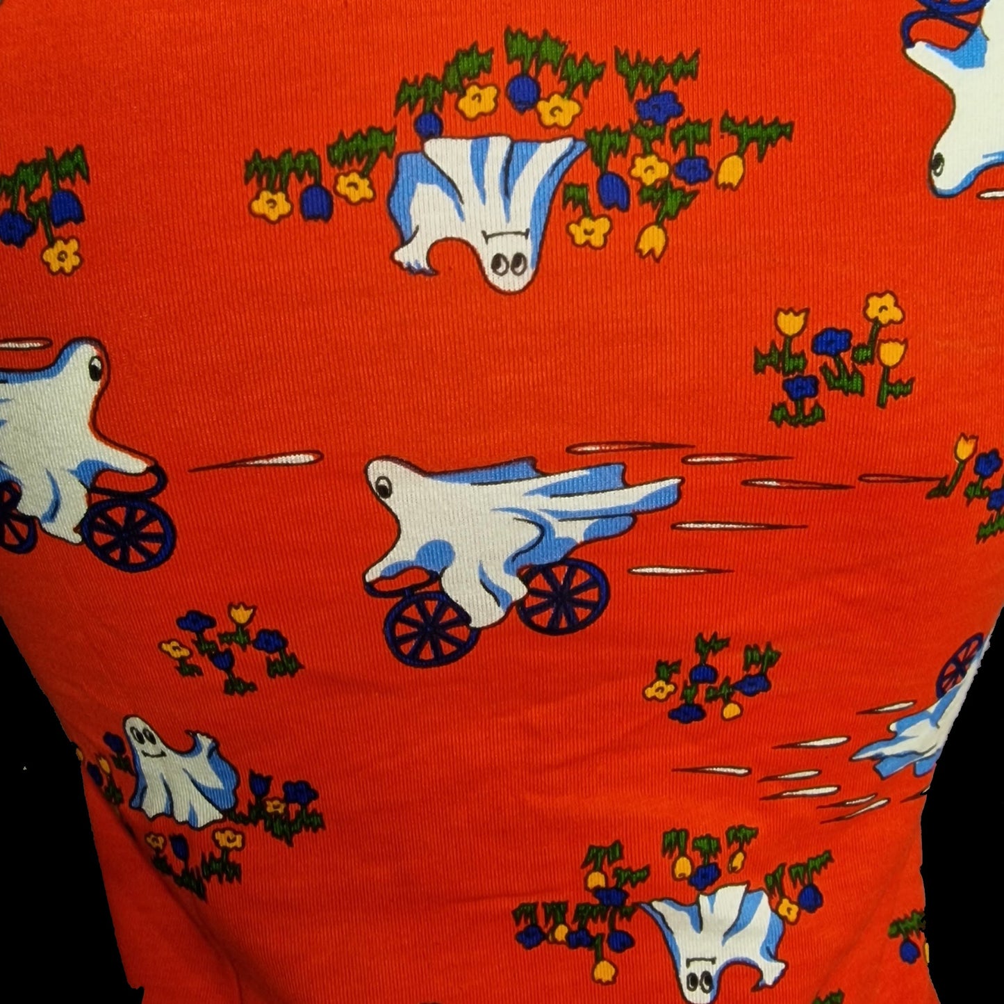 Vintage Damen Poloshirt Rot mit Gespenster-Motiv XS 70er