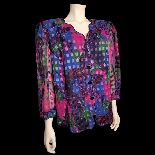 Vintage Hermann Lange festliche, lange Bluse Pixel Art Multicolor - Größe XL