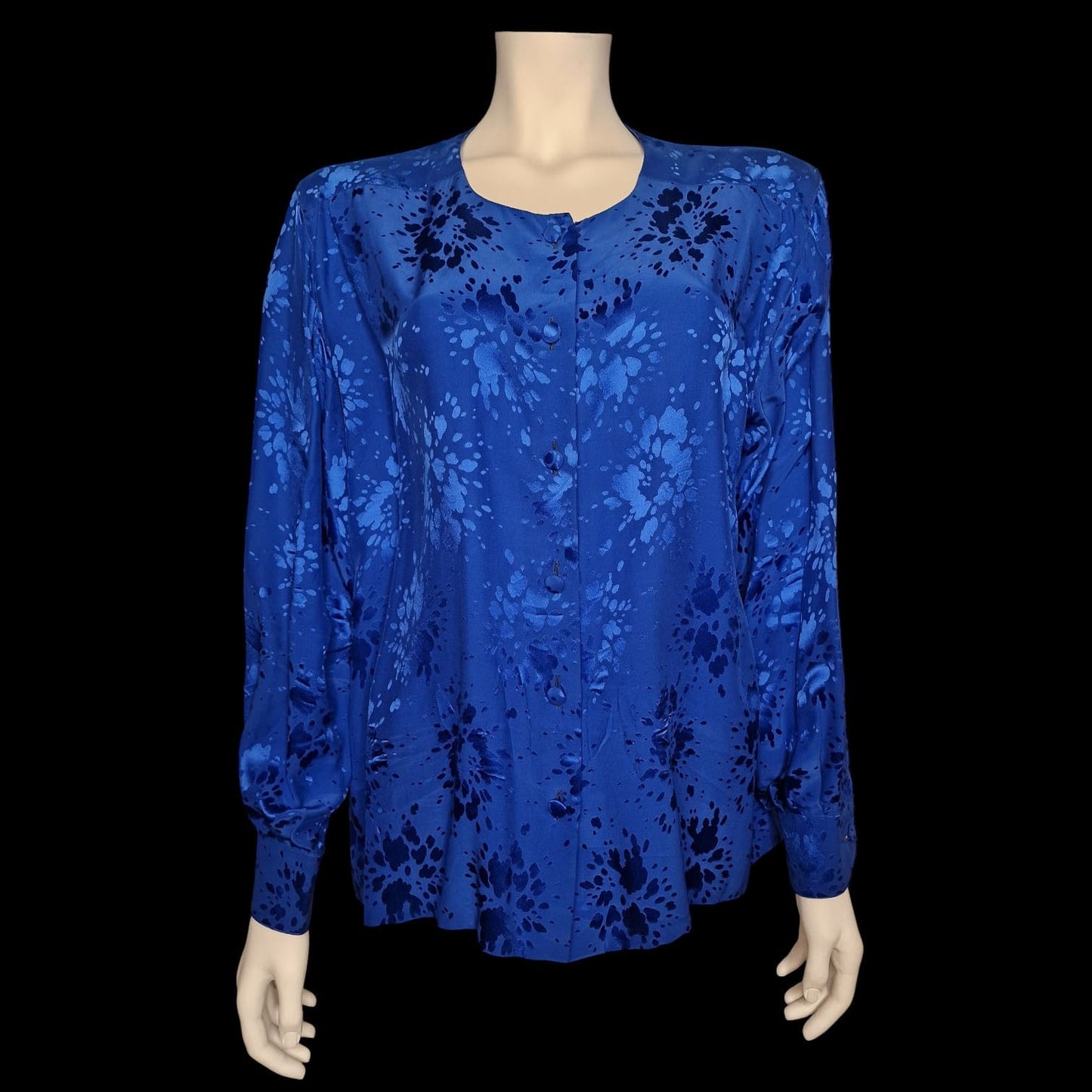 Elegante Vintage-Bluse in Royalblau – Romantisches Jacquard-Muster 90er XL