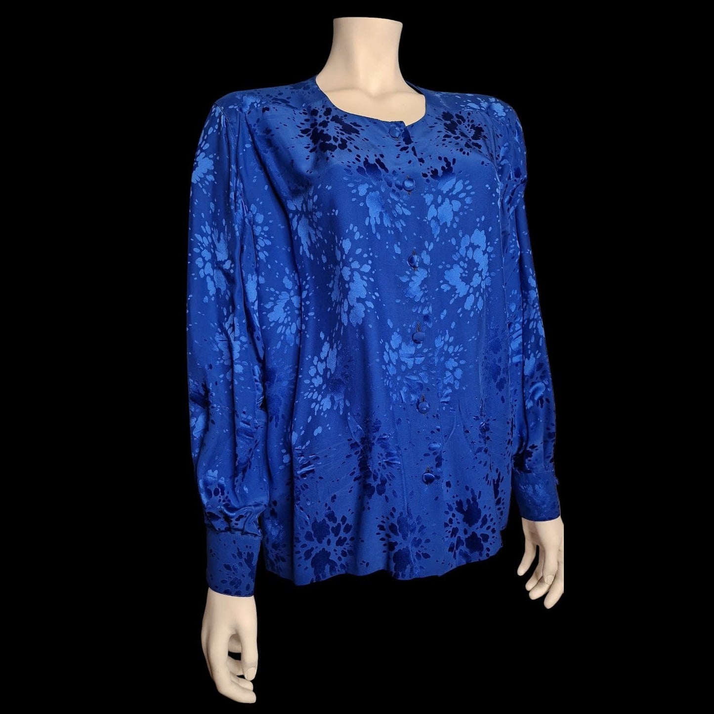 Elegante Vintage-Bluse in Royalblau – Romantisches Jacquard-Muster 90er XL