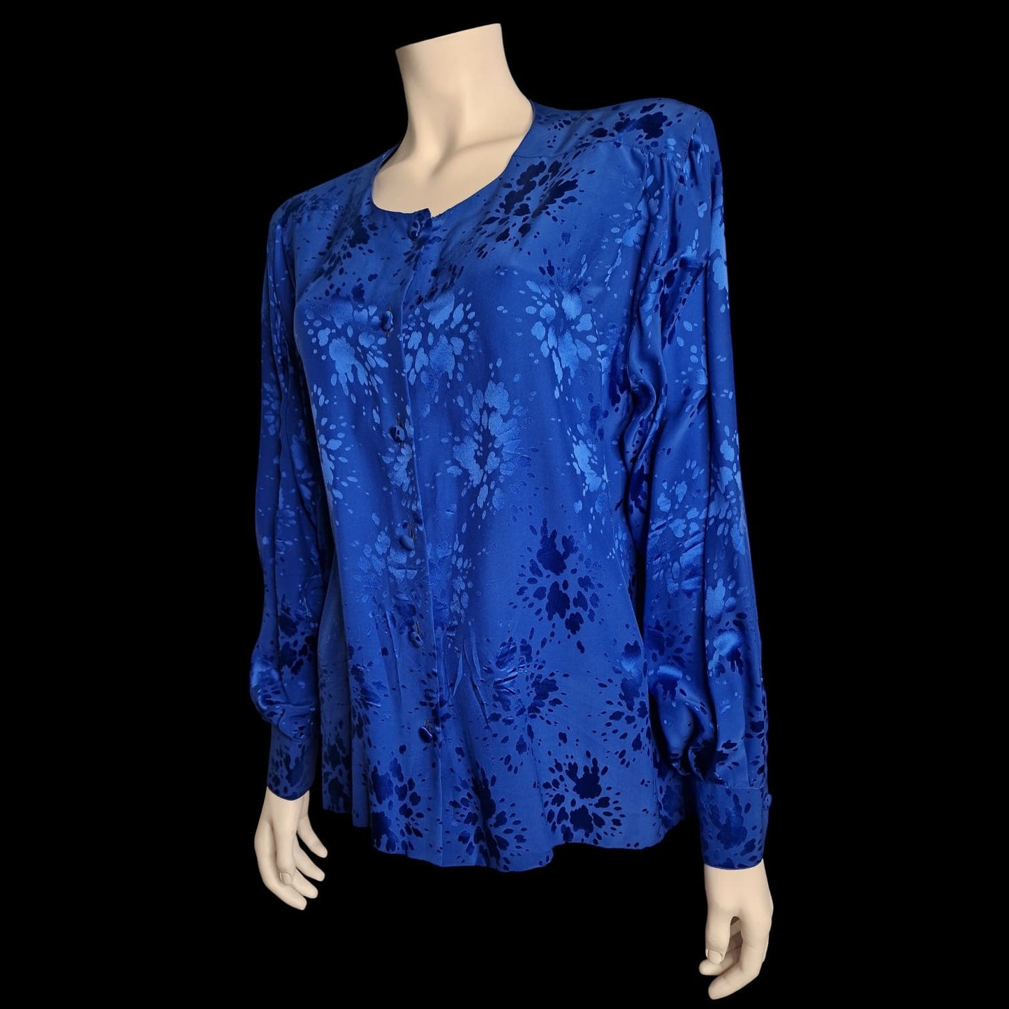 Elegante Vintage-Bluse in Royalblau – Romantisches Jacquard-Muster 90er XL
