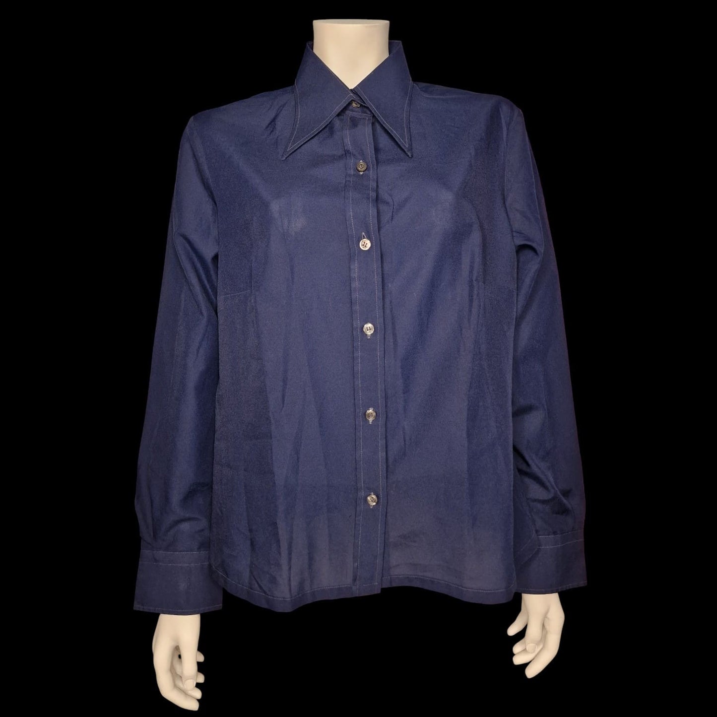True Vintage EVIM Bluse 70er Jahre Marineblau - Dagger Collar Gr. M/L