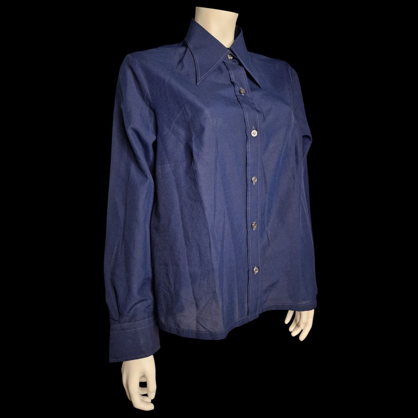 True Vintage EVIM Bluse 70er Jahre Marineblau - Dagger Collar Gr. M/L