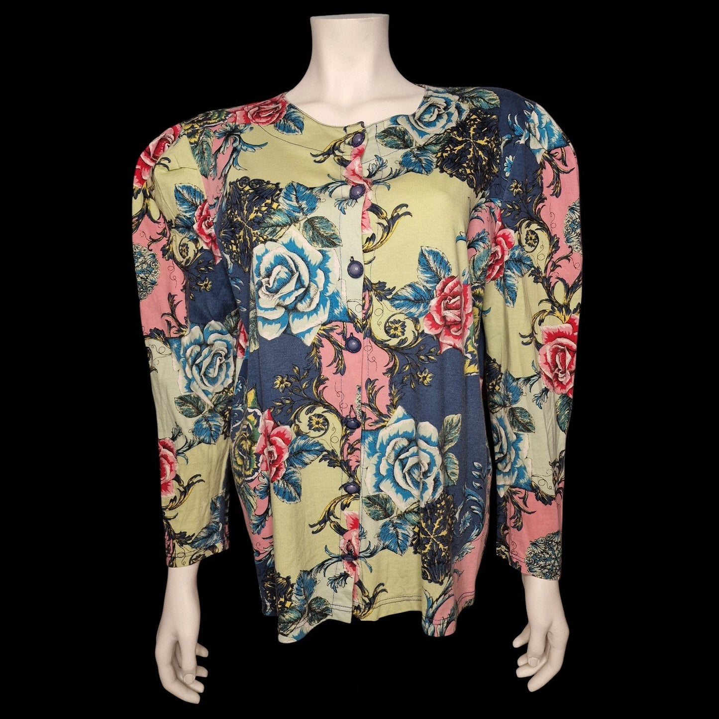 Barocke Bluse mit Rosenmuster im Patchwork-Design - 80er Gr. M/L
