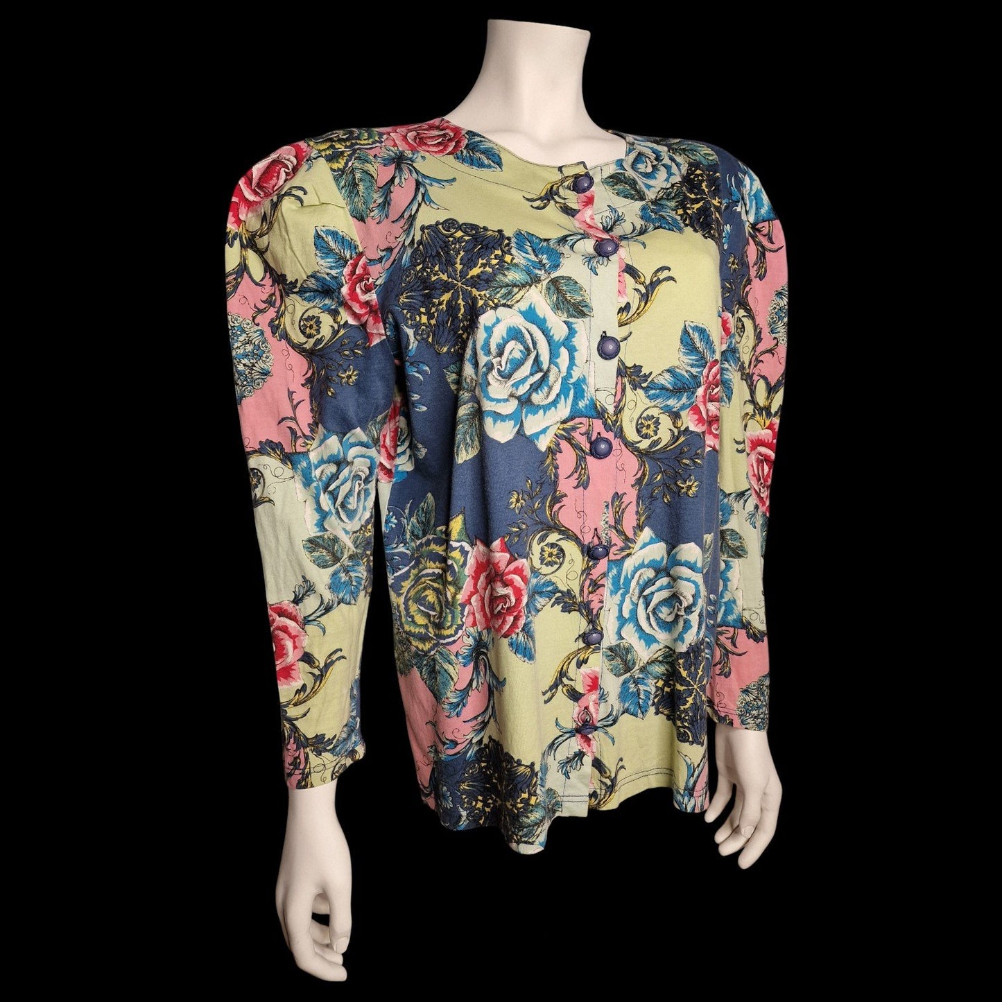 Barocke Bluse mit Rosenmuster im Patchwork-Design - 80er Gr. M/L