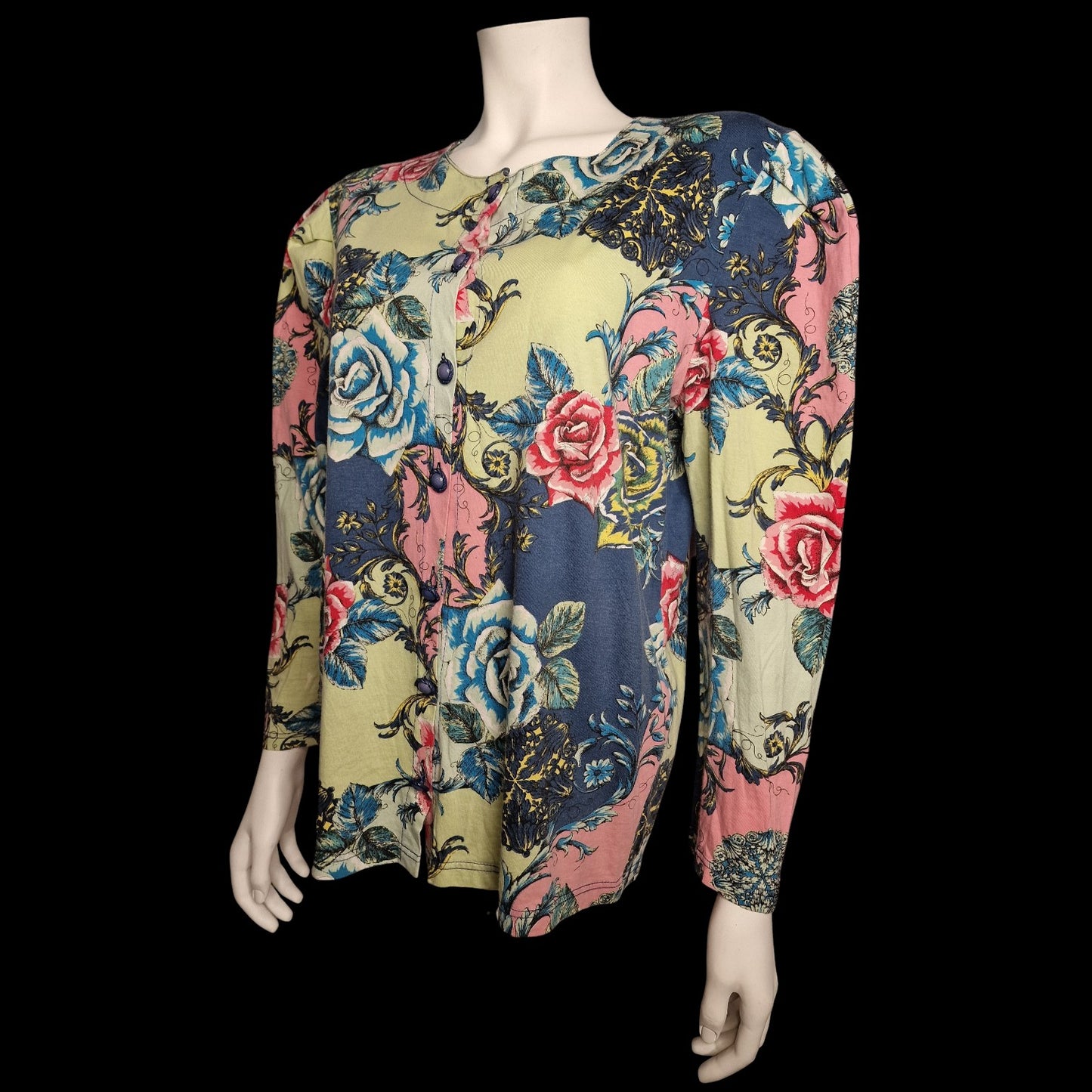 Barocke Bluse mit Rosenmuster im Patchwork-Design - 80er Gr. M/L