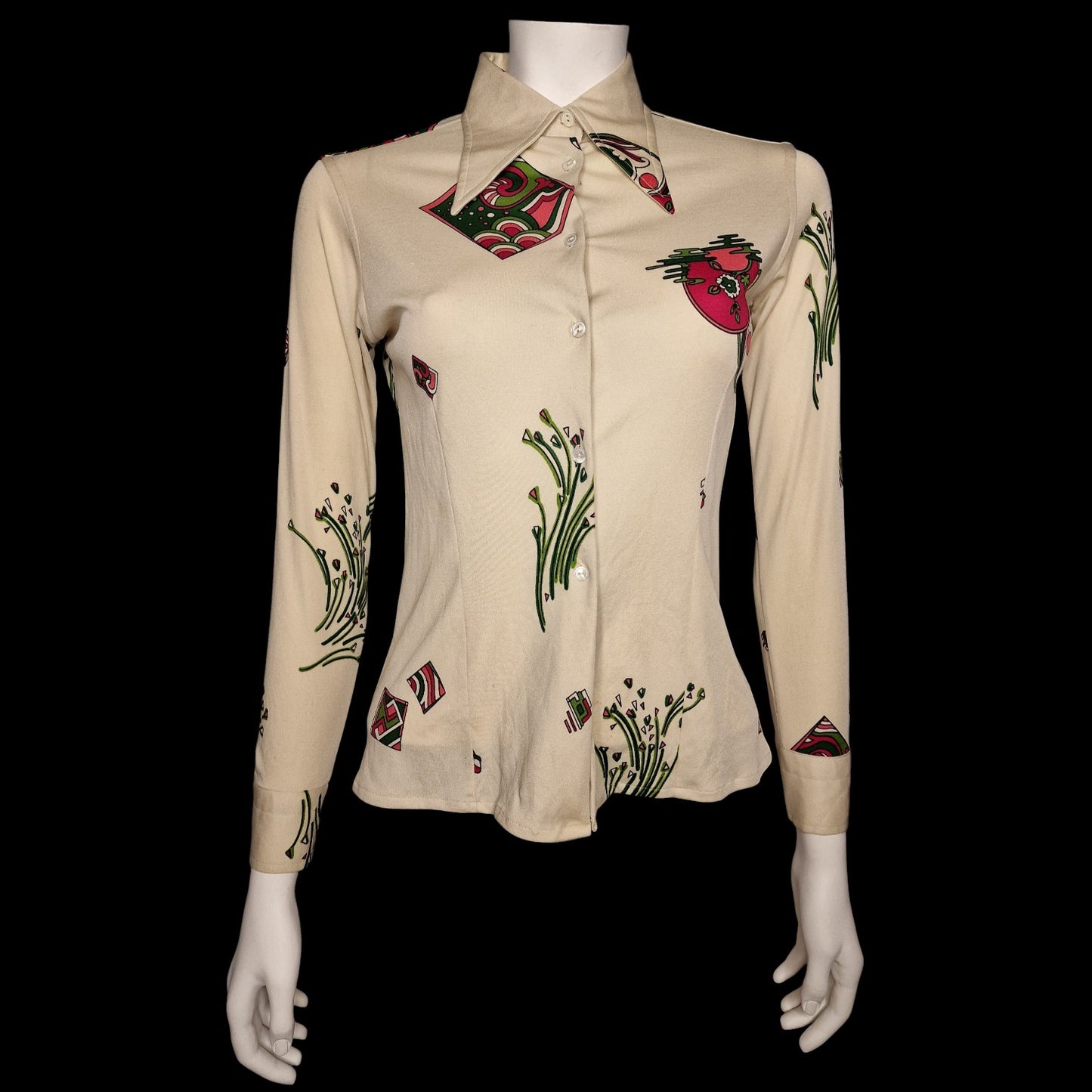 True Vintage Damen Hemdbluse Shirt "Dagger Kragen" Gr. S abstraktes Muster