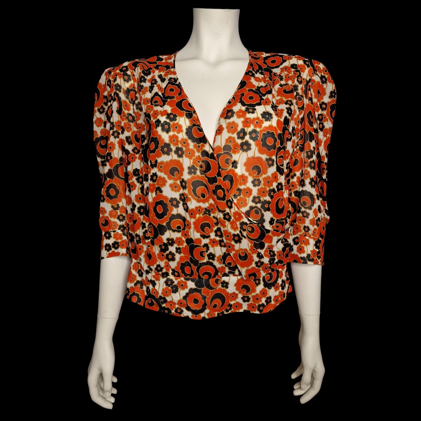 True Vintage Bluse 70er Wickeloptik Gr L Prilblumen-Muster