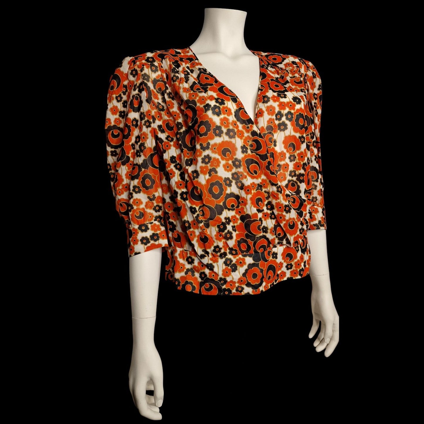 True Vintage Bluse 70er Wickeloptik Gr L Prilblumen-Muster