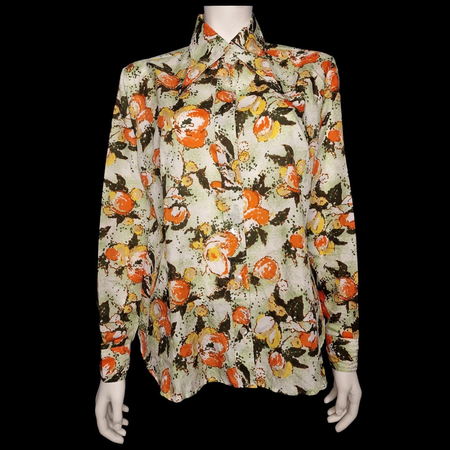 Vintage 70er Bluse Aquarell mit abstraktem Orangen-Muster Spitzer Kragen L