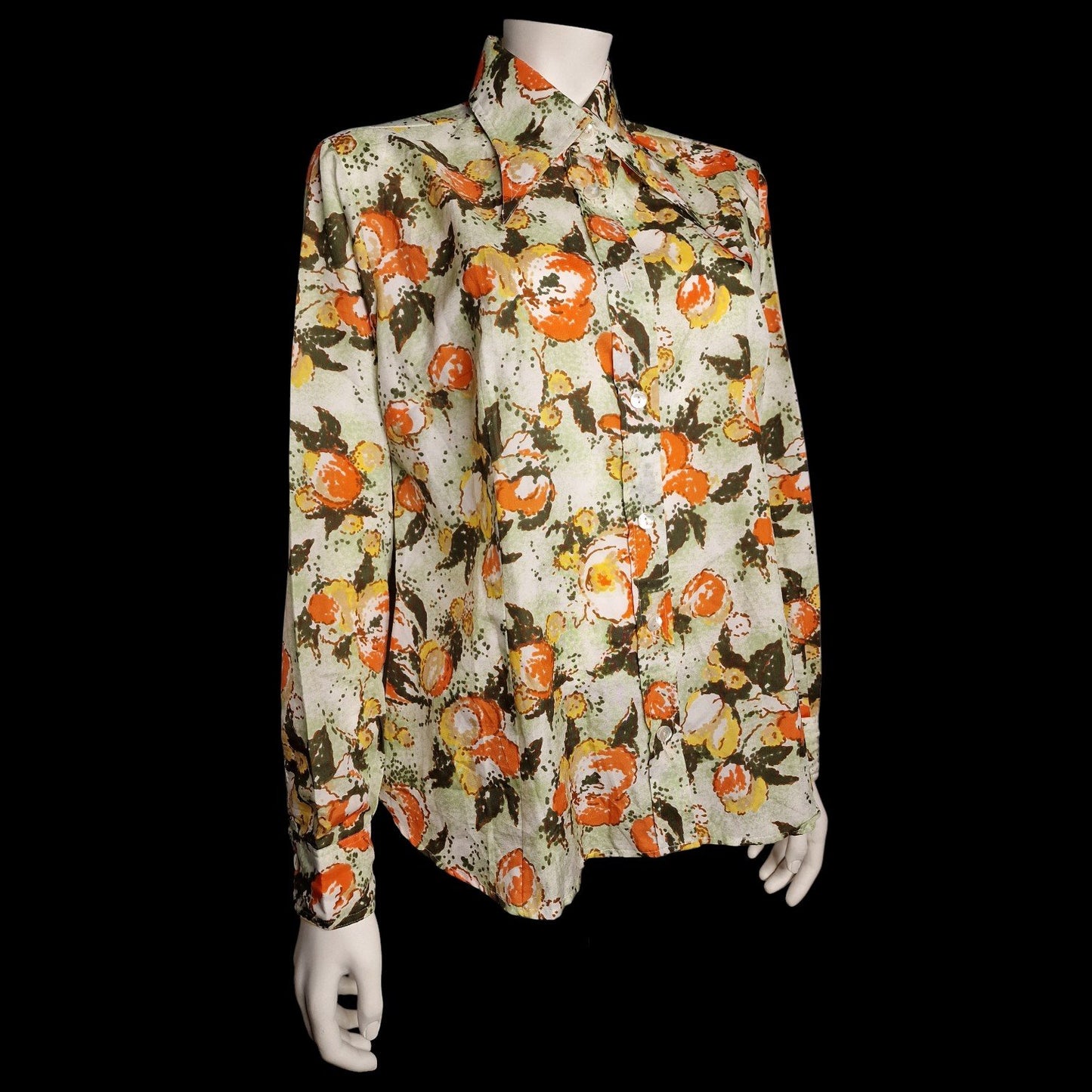 Vintage 70er Bluse Aquarell mit abstraktem Orangen-Muster Spitzer Kragen L