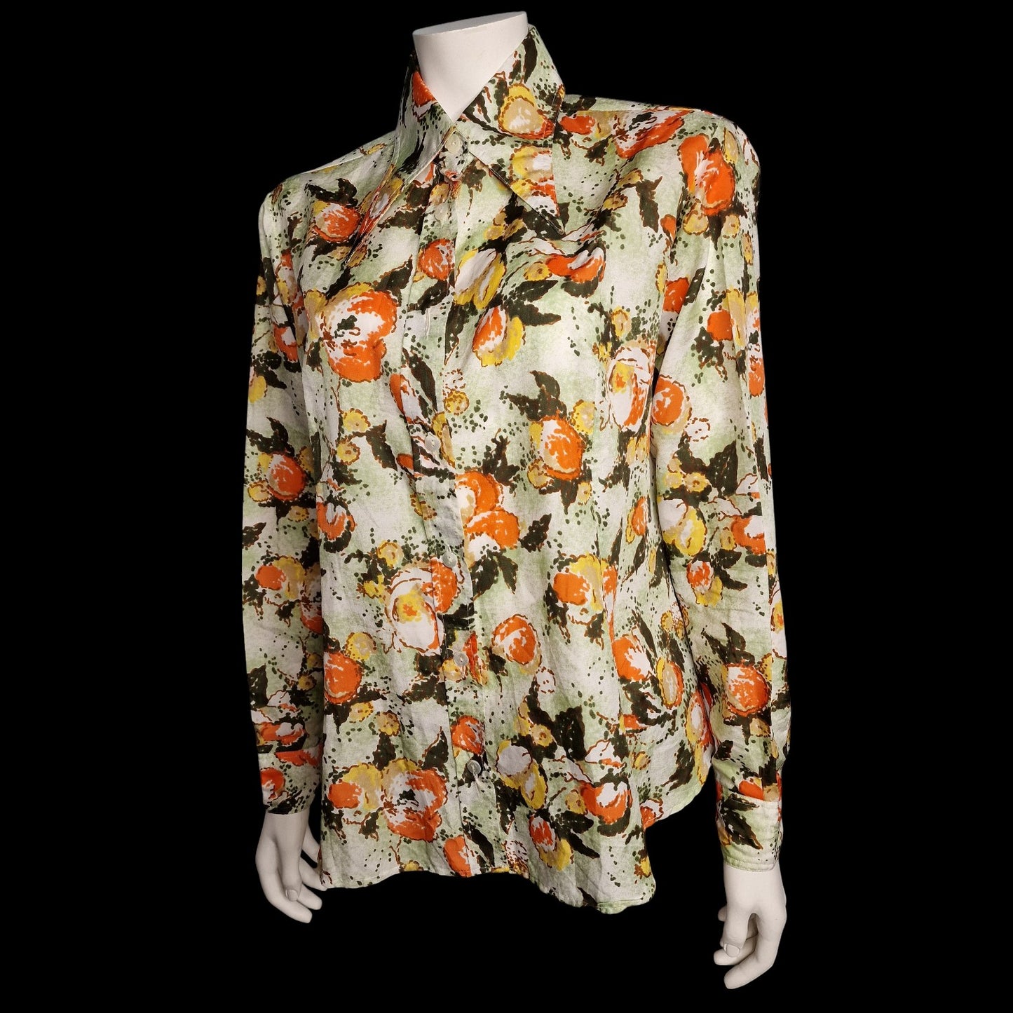 Vintage 70er Bluse Aquarell mit abstraktem Orangen-Muster Spitzer Kragen L