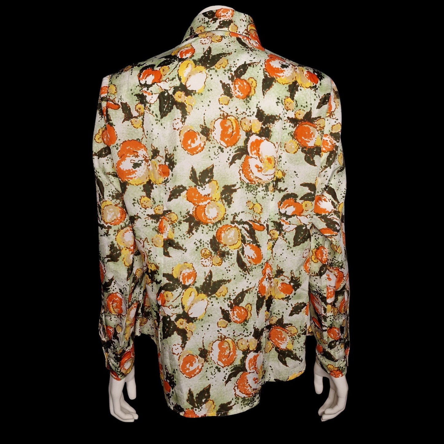 Vintage 70er Bluse Aquarell mit abstraktem Orangen-Muster Spitzer Kragen L