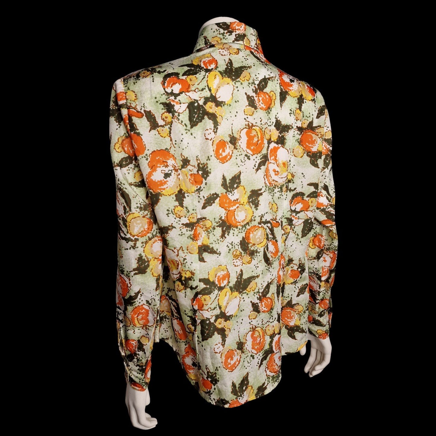 Vintage 70er Bluse Aquarell mit abstraktem Orangen-Muster Spitzer Kragen L