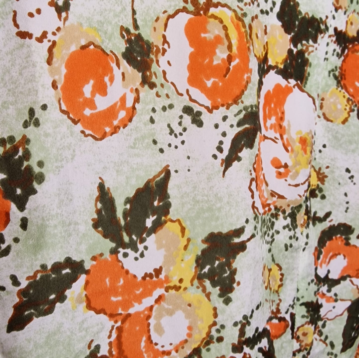 Vintage 70er Bluse Aquarell mit abstraktem Orangen-Muster Spitzer Kragen L