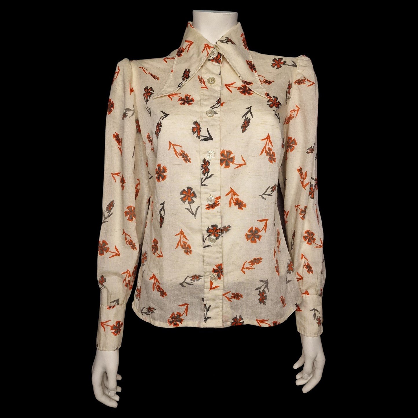 True Vintage Bluse Creme mit Nelkenmuster in Orange Braun 70er M