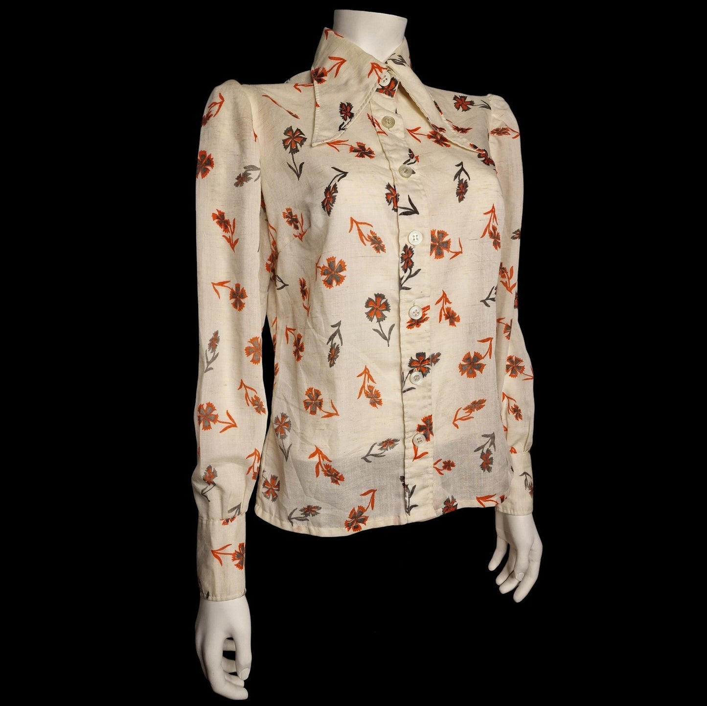 True Vintage Bluse Creme mit Nelkenmuster in Orange Braun 70er M