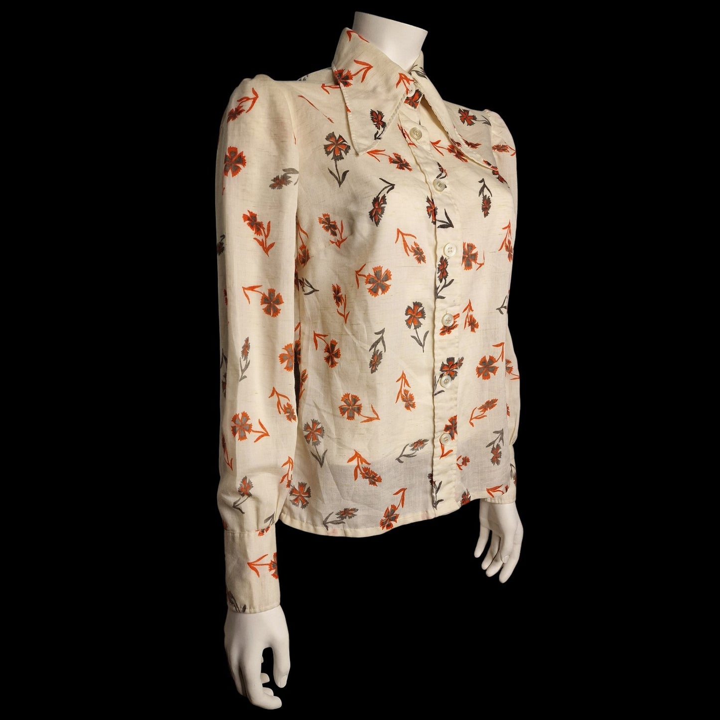 True Vintage Bluse Creme mit Nelkenmuster in Orange Braun 70er M