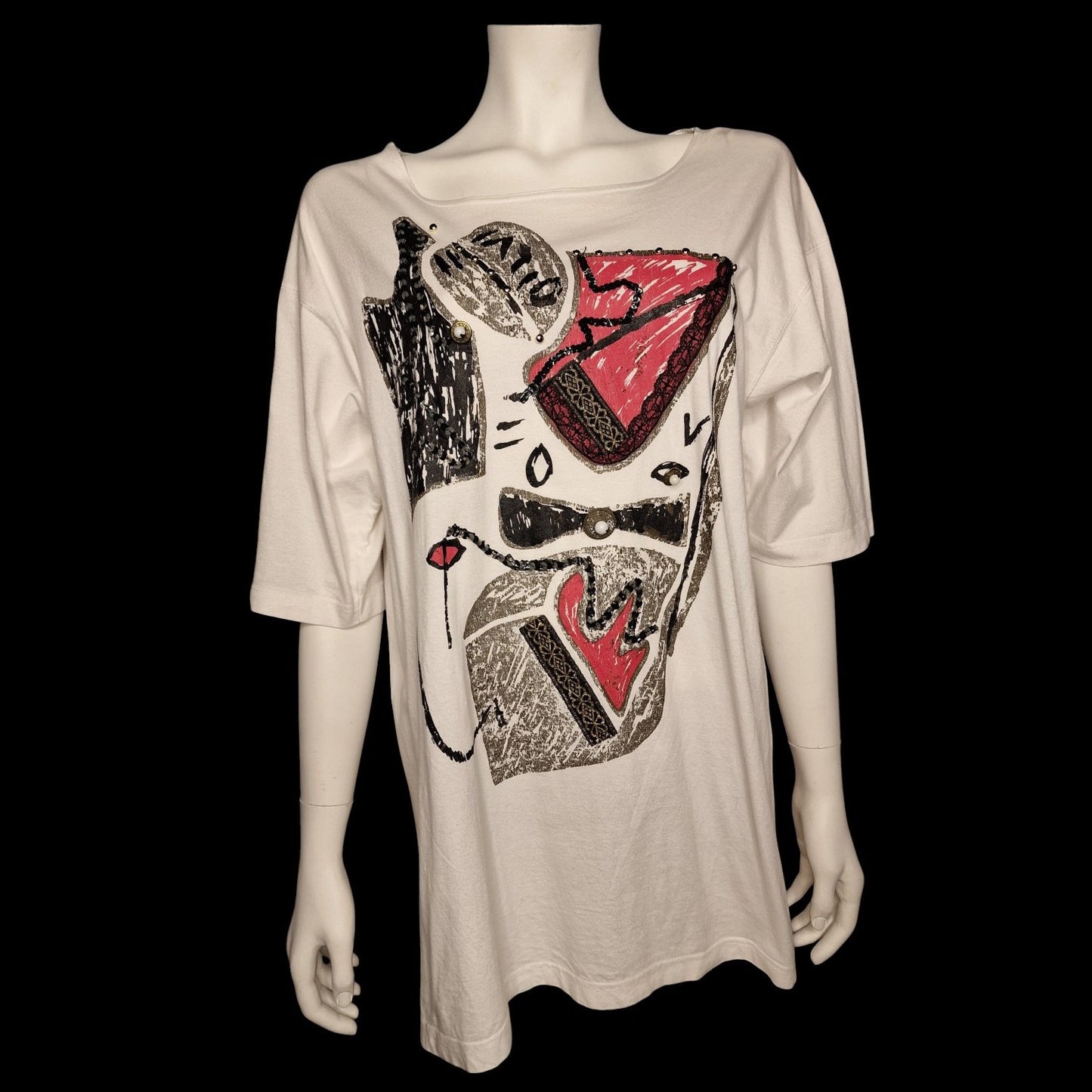 "Santas" True Vintage Picasso-Design Oversized Shirt Weiß Glitzer M/L 90er