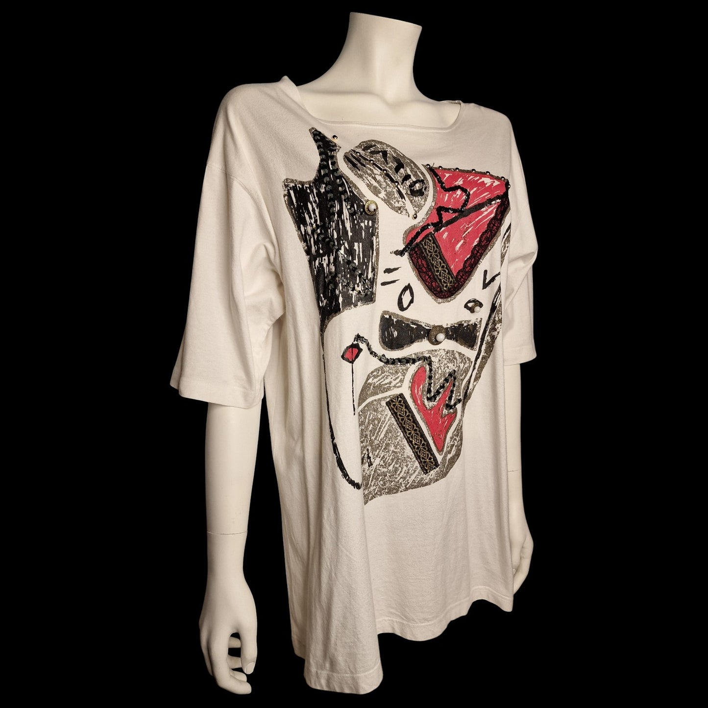 "Santas" True Vintage Picasso-Design Oversized Shirt Weiß Glitzer M/L 90er