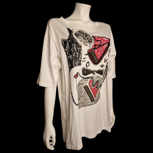 "Santas" True Vintage Picasso-Design Oversized Shirt Weiß Glitzer M/L 90er