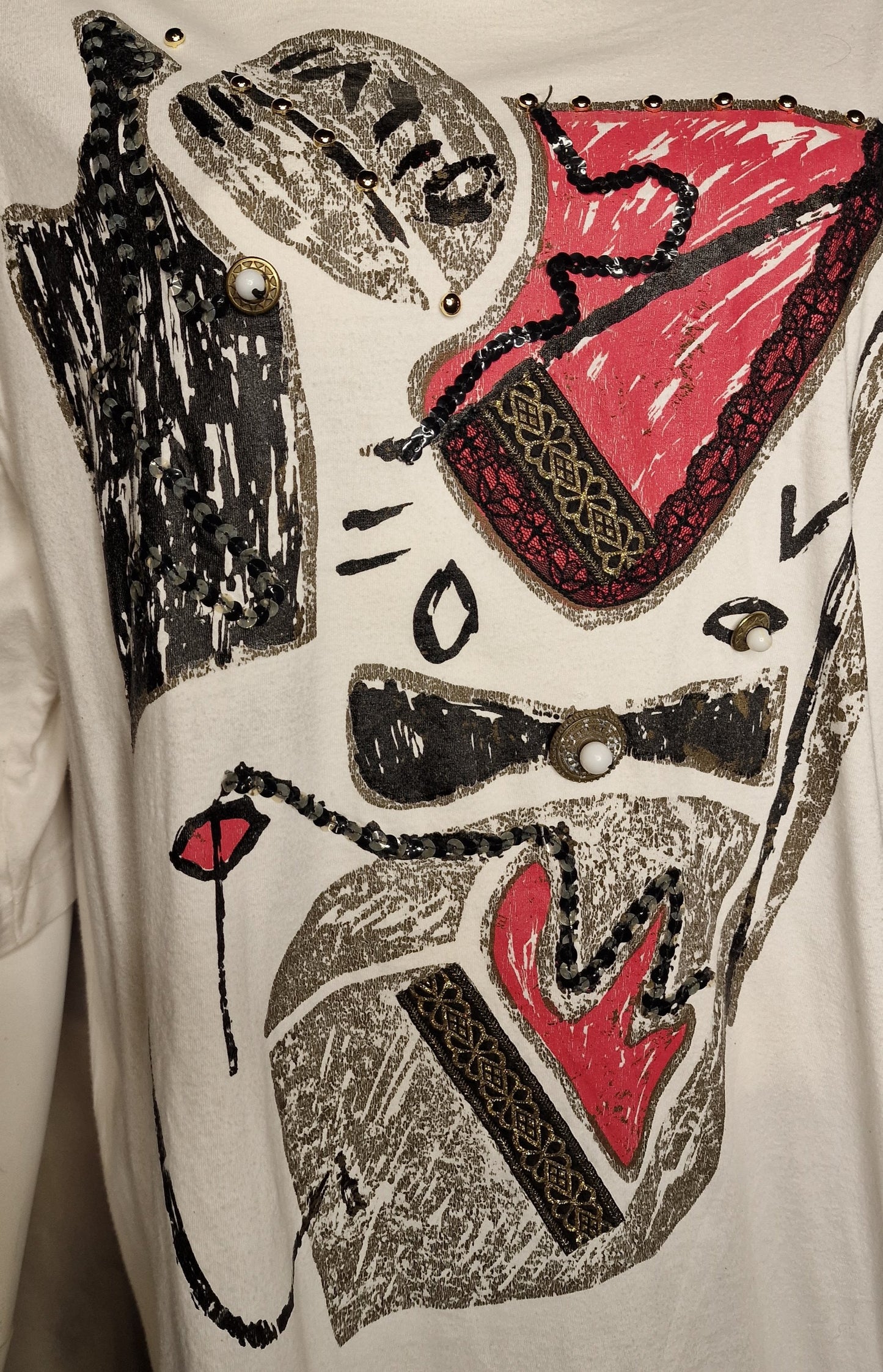 "Santas" True Vintage Picasso-Design Oversized Shirt Weiß Glitzer M/L 90er