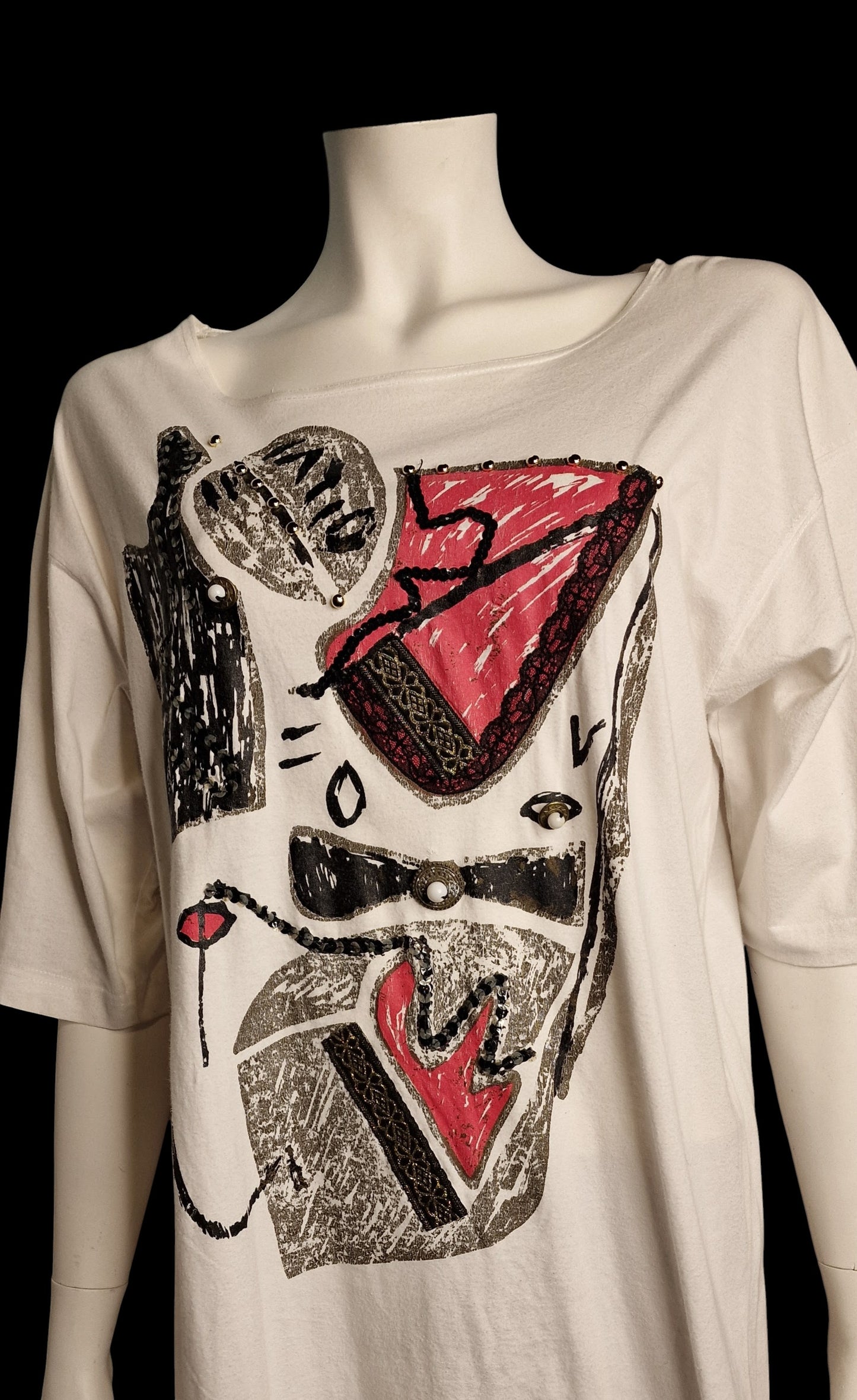 "Santas" True Vintage Picasso-Design Oversized Shirt Weiß Glitzer M/L 90er