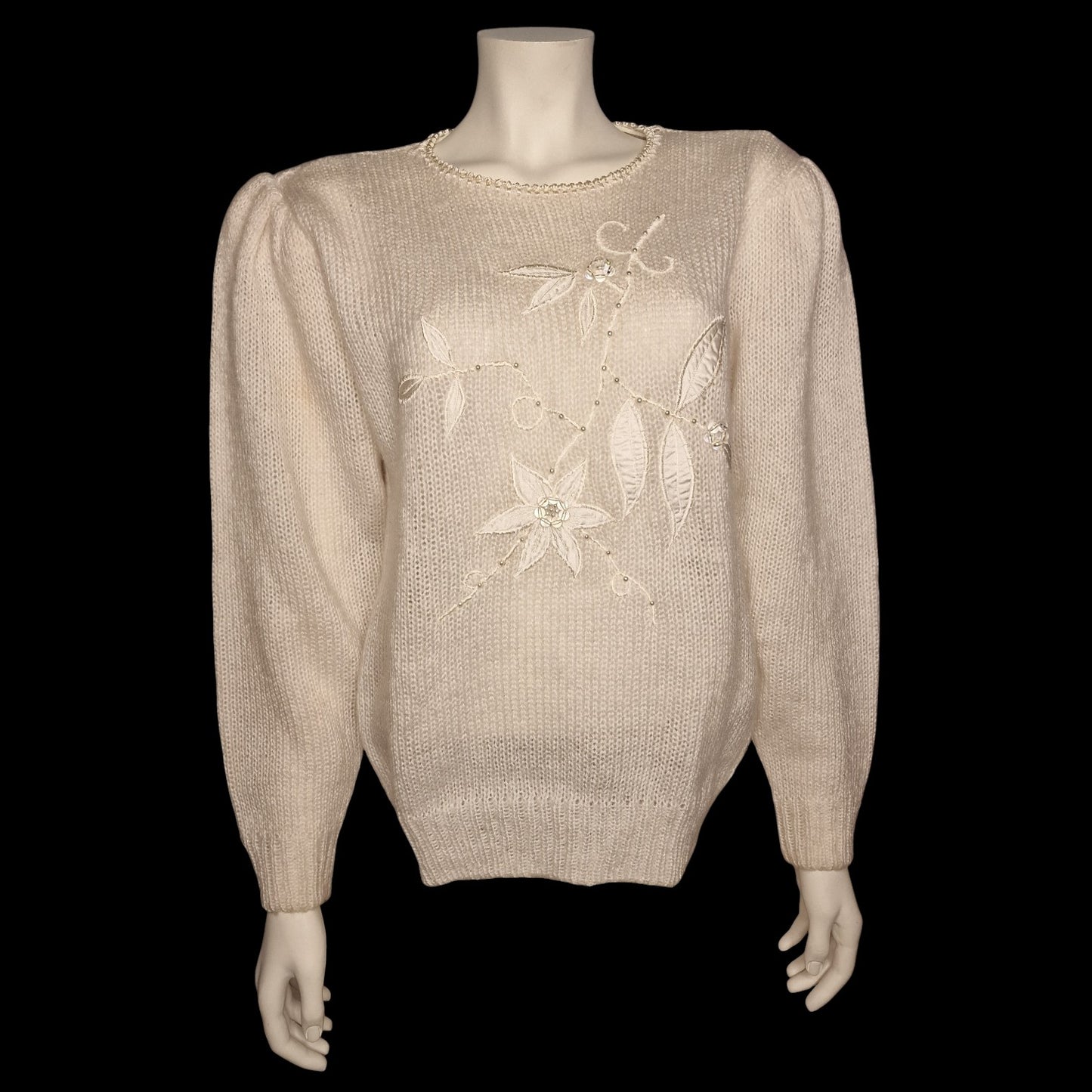 Charmanter 90er Strickpullover Beige Perlenstickerei Blumenmotiv "Canda" M