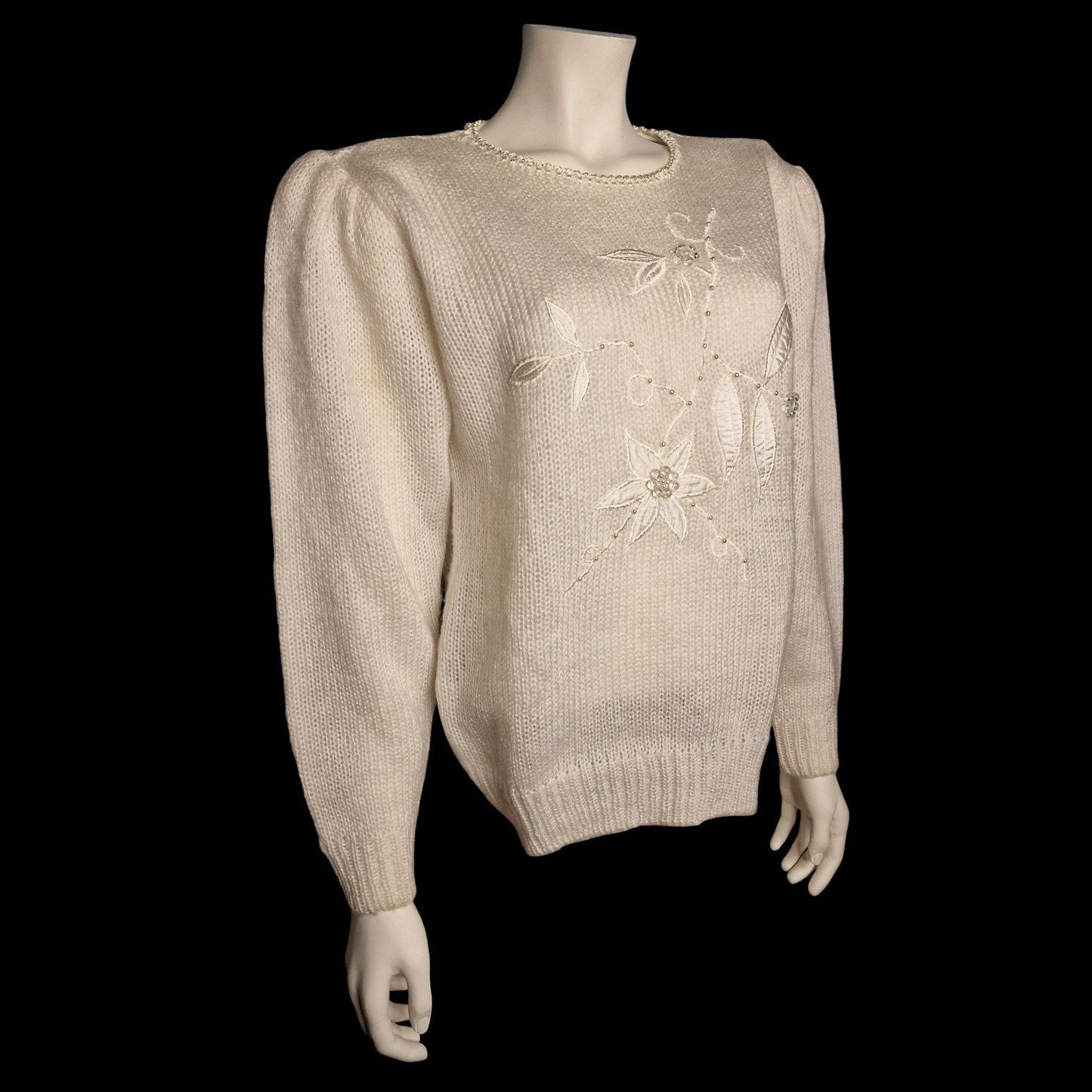 Charmanter 90er Strickpullover Beige Perlenstickerei Blumenmotiv "Canda" M