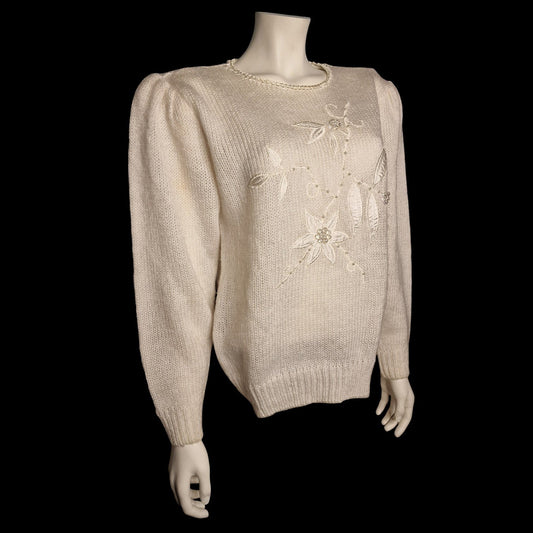 Charmanter 90er Strickpullover Beige Perlenstickerei Blumenmotiv "Canda" M