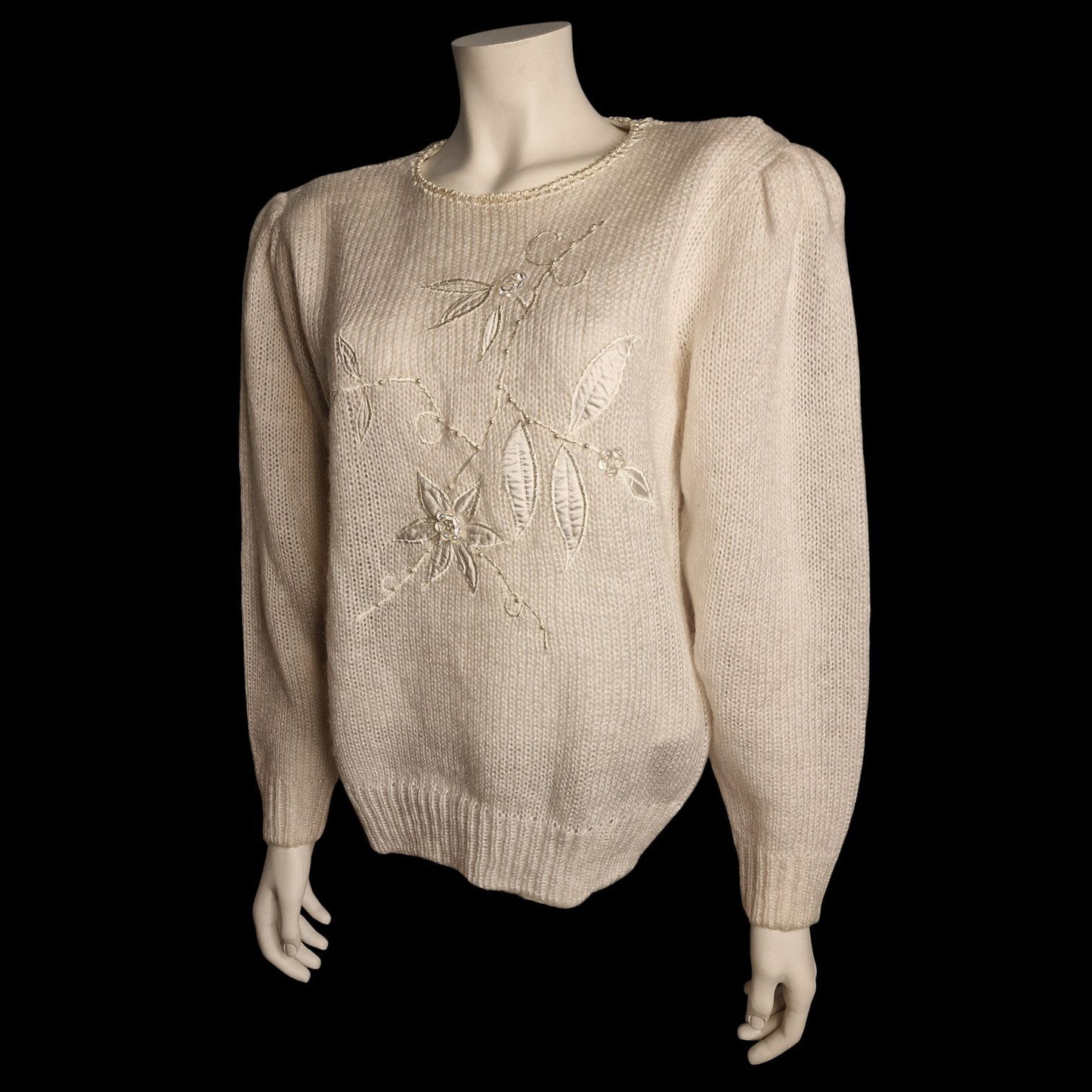 Charmanter 90er Strickpullover Beige Perlenstickerei Blumenmotiv "Canda" M